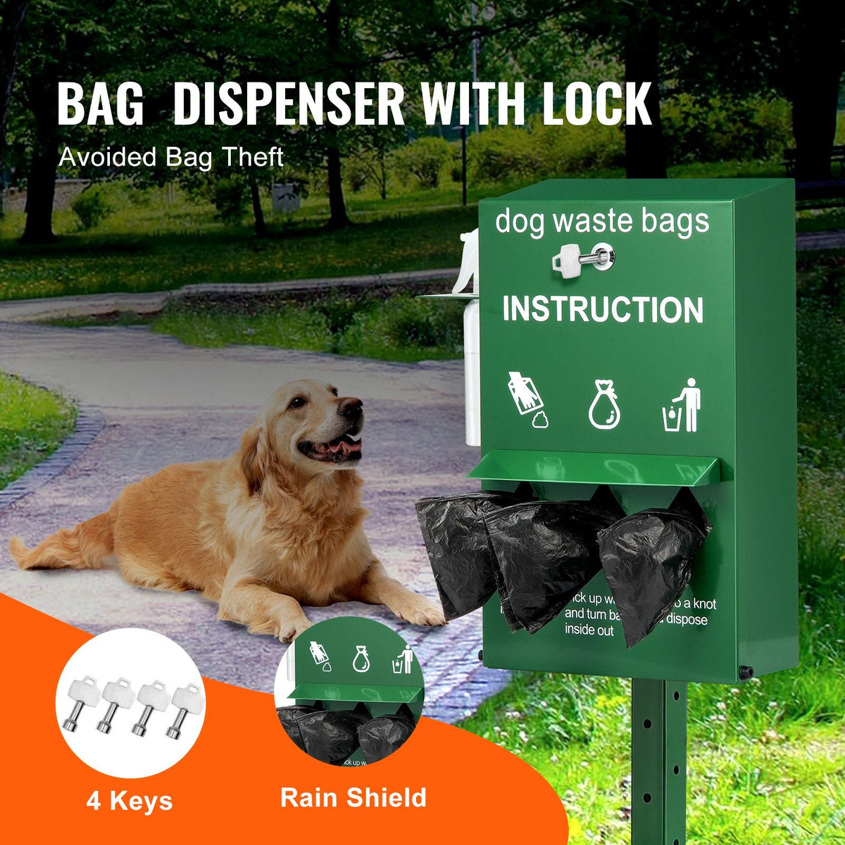 Dog Poop Bag Dispenser with Hand Wash Bottle, Lockable Outdoor Dog Waste Bag Holder with 600 Waste Bags, Stake, Pole, Fence & Wall Mounted Dog Poop Bag Storage, Pet Waste Station for Porch, Lawn
