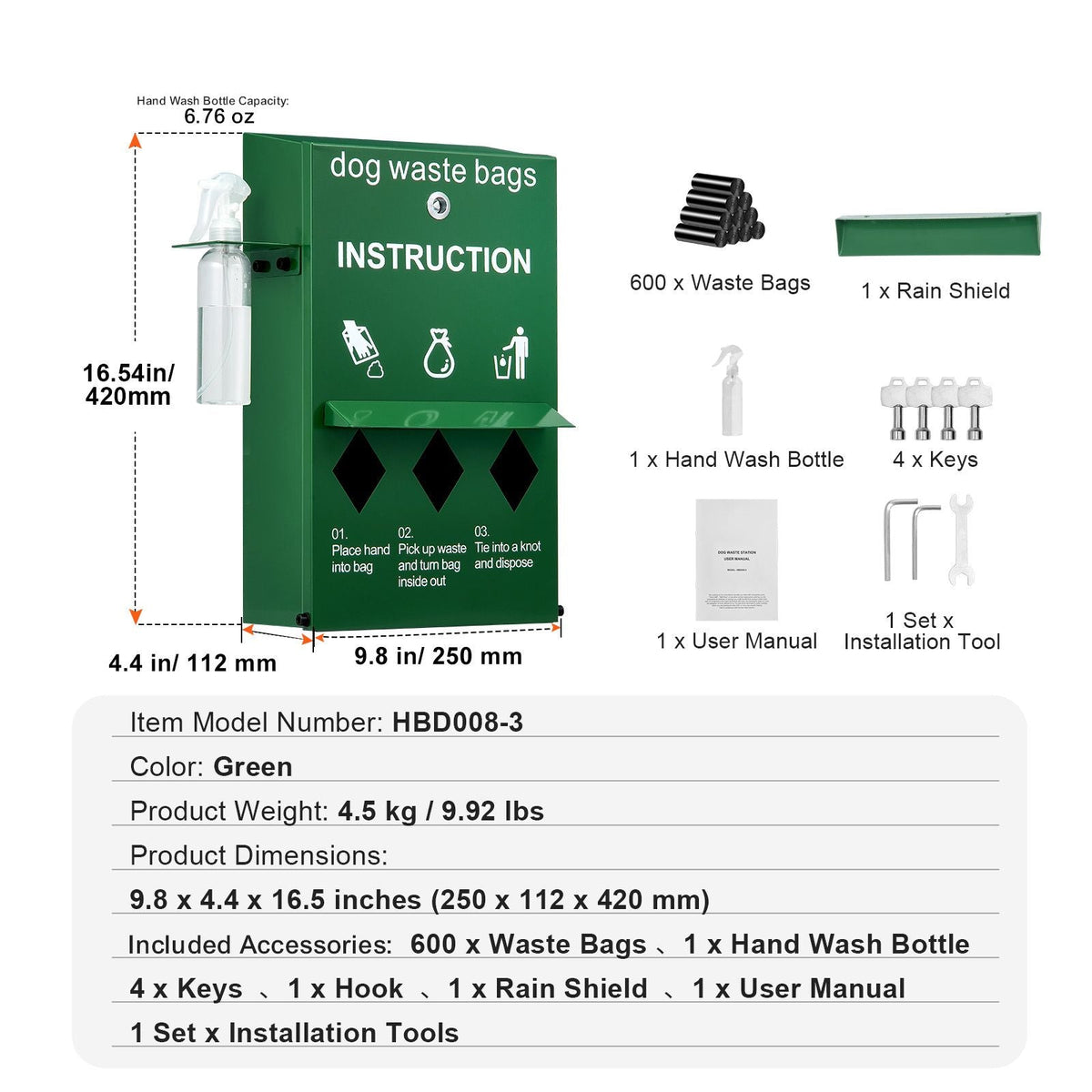 Dog Poop Bag Dispenser with Hand Wash Bottle, Lockable Outdoor Dog Waste Bag Holder with 600 Waste Bags, Stake, Pole, Fence & Wall Mounted Dog Poop Bag Storage, Pet Waste Station for Porch, Lawn