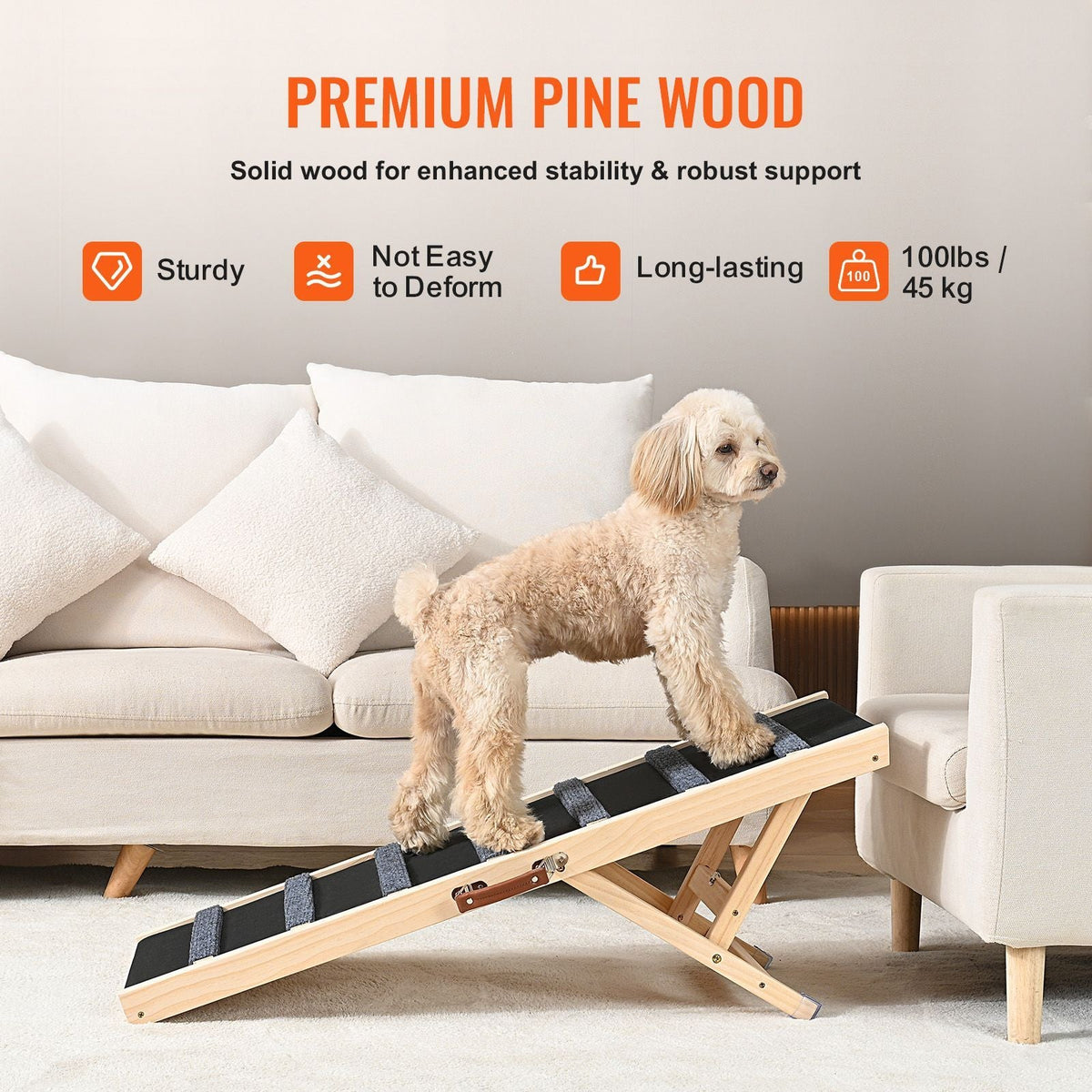 Dog Ramp, Folding Pet Ramp for Bed, Adjustable Dog Ramp for Small, Large, Old Dogs & Cats, Wooden Pet Ramp with 39.3" Long Ramp, Adjustable from 15" to 22", Suitable for Couch, Sofa, Car