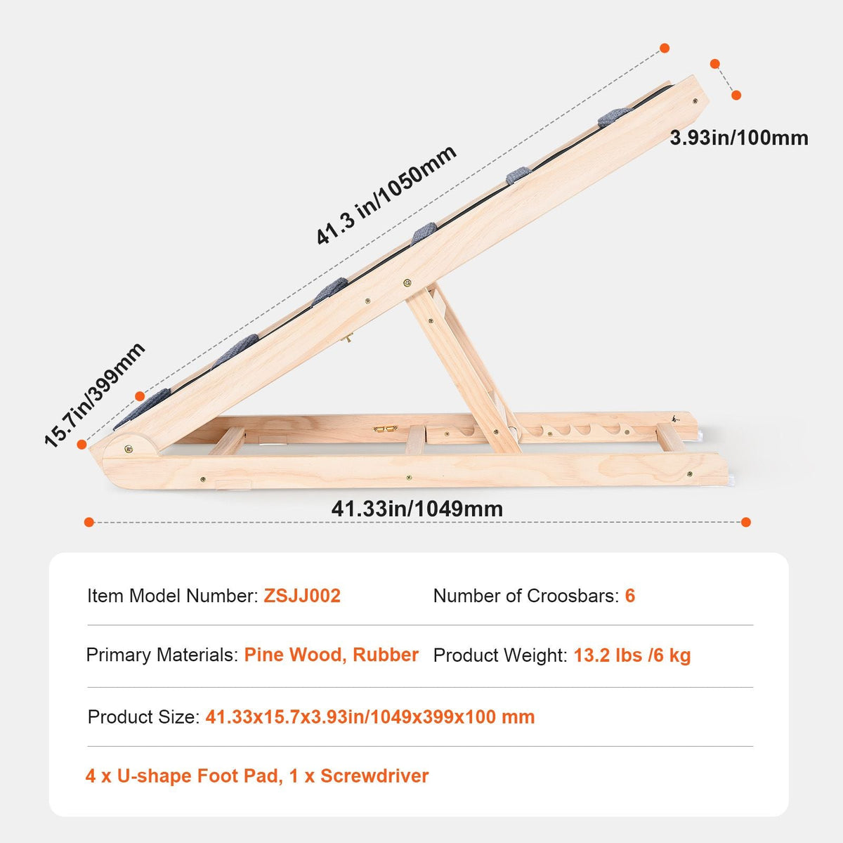 Dog Ramp, Folding Pet Ramp for Bed, Adjustable Dog Ramp for Small, Large, Old Dogs & Cats, Wooden Pet Ramp with 41.3" Long Ramp, Adjustable from 13.77" to 25.59", Suitable for Couch, Sofa, Car