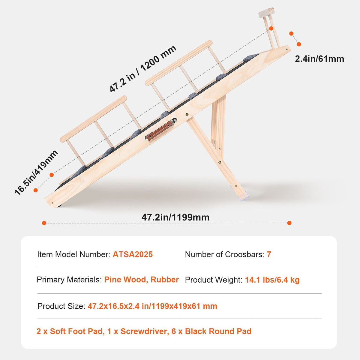 Dog Ramp, Folding Pet Ramp for Bed, Adjustable Dog Ramp for Small, Large, Old Dogs & Cats, Wooden Pet Ramp with 47.2" Long Ramp, Adjustable from 13.8" to 27.6", Suitable for Couch, Sofa, Car