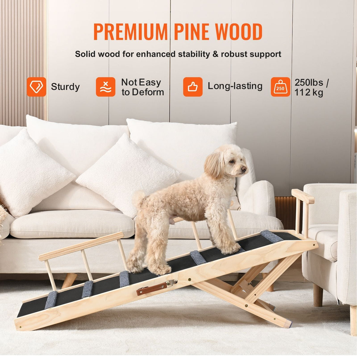 Dog Ramp, Folding Pet Ramp for Bed, Adjustable Dog Ramp for Small, Large, Old Dogs & Cats, Wooden Pet Ramp with 47.2" Long Ramp, Adjustable from 13.8" to 27.6", Suitable for Couch, Sofa, Car