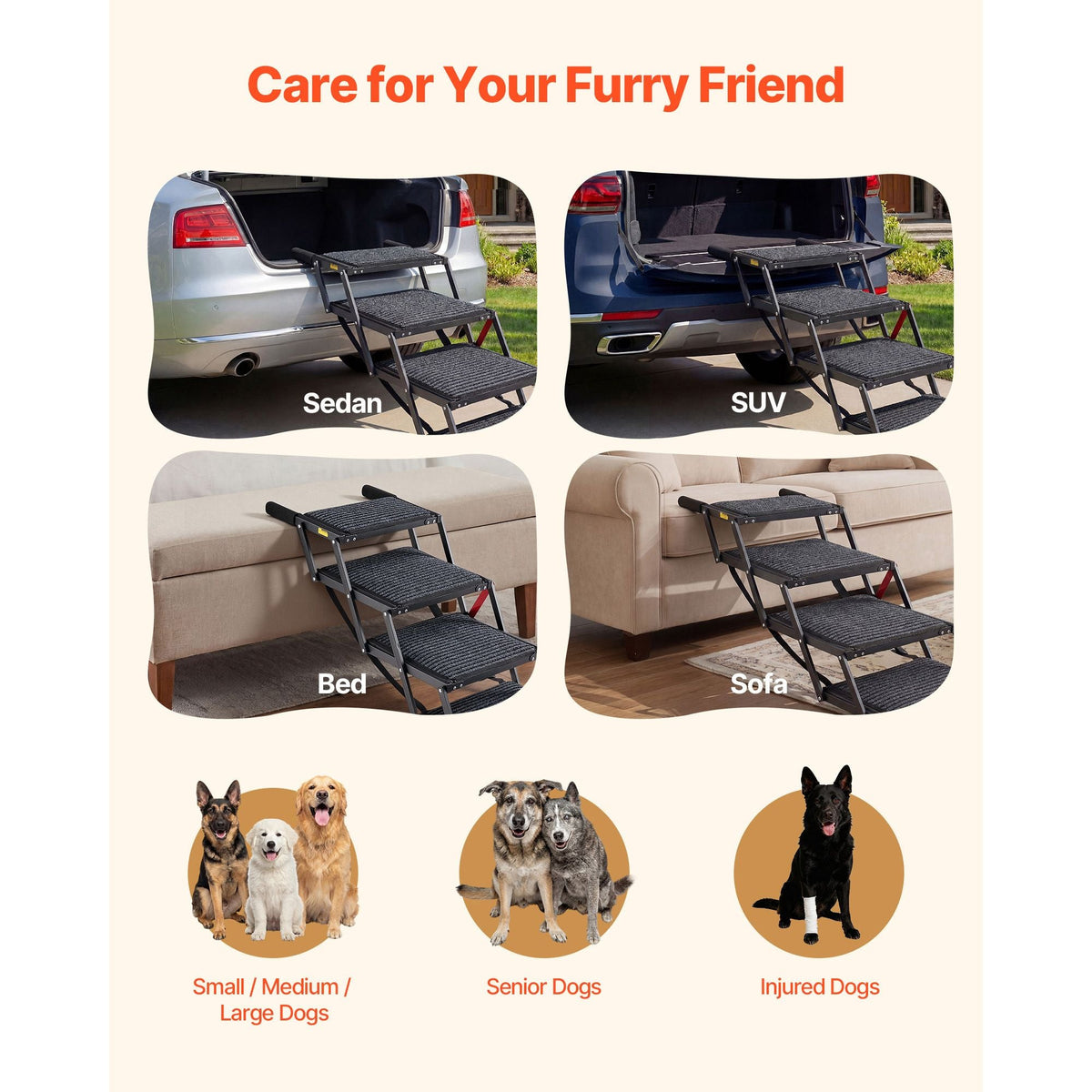 Dog Stairs for Car, 4 Steps Extra Wide Foldable Dog Ramp for Large Dogs with Non-Slip Rug Surface, Portable Lightweight Pet Ladder for Car, SUV, Truck, High Beds, Sofas, Support up to 200 lbs