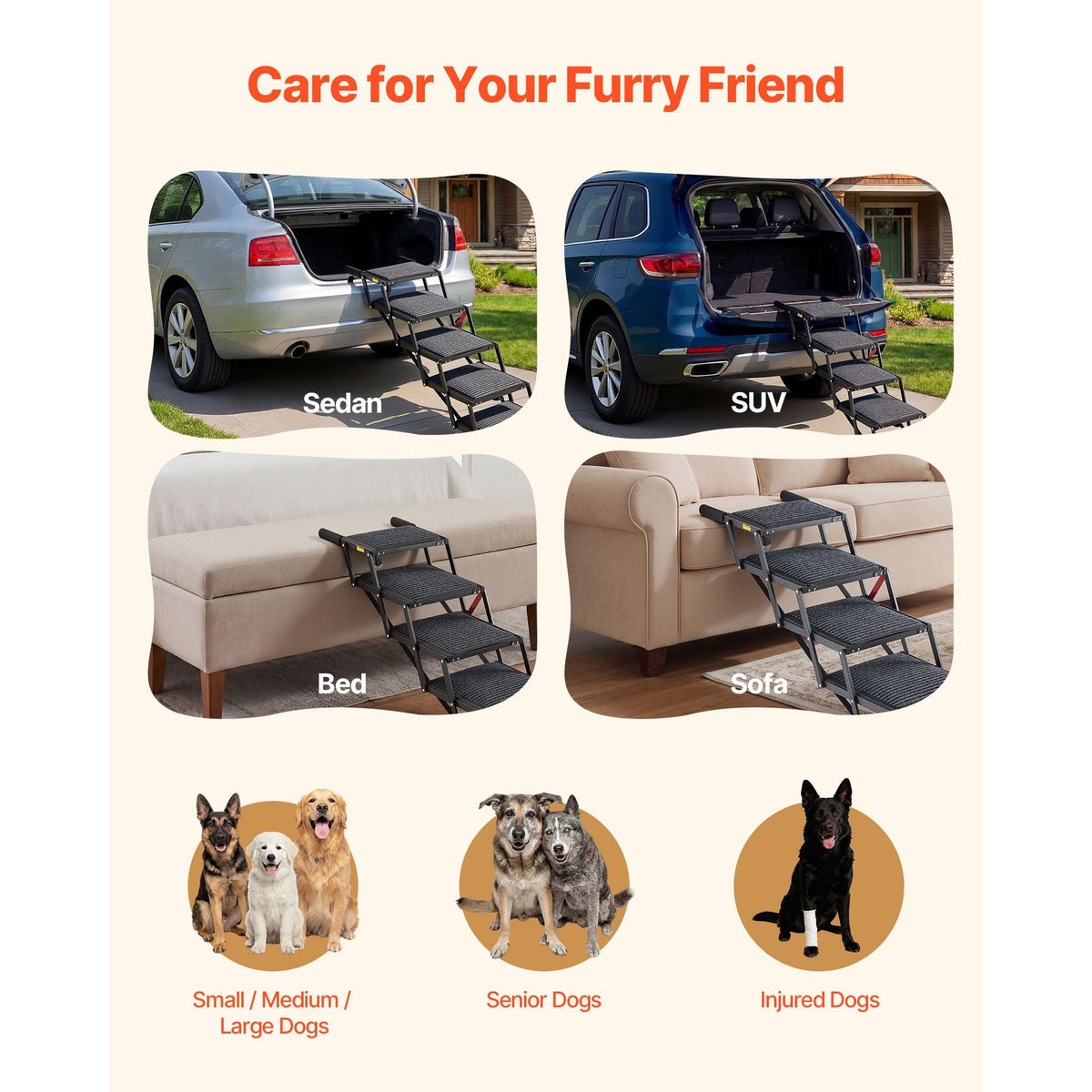 Dog Stairs for Car, 5 Steps Extra Wide Foldable Dog Ramp for Large Dogs with Non-Slip Rug Surface, Portable Lightweight Pet Ladder for Car, SUV, Truck, High Beds, Sofas, Support up to 200 lbs
