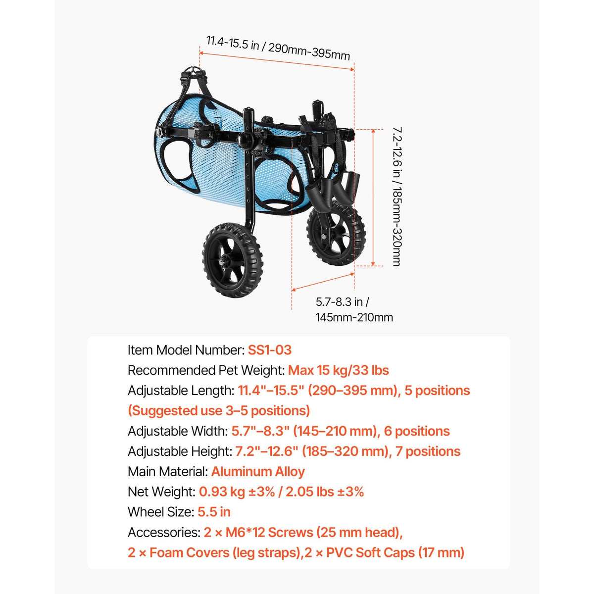 Dog Wheelchair for Back Legs, Adjustable 2 Wheels Pet Wheelchair, Lightweight Dog Cart with Shock-Absorbing Wheels, Mobility Support Wheel Chair for Disabled Injured Dogs up to 33lbs, Medium