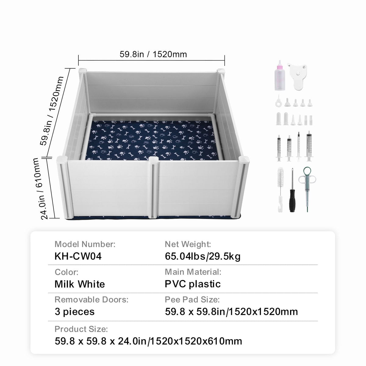 Dog Whelping Box, 59.8 x 59.8 x 24.0in Whelping Box for Dogs and Puppies, Whelping Pen for Puppies, Dog Birthing Box with Rails and Washable Pee Pad, Whelping Box for Large Breed Dogs, White