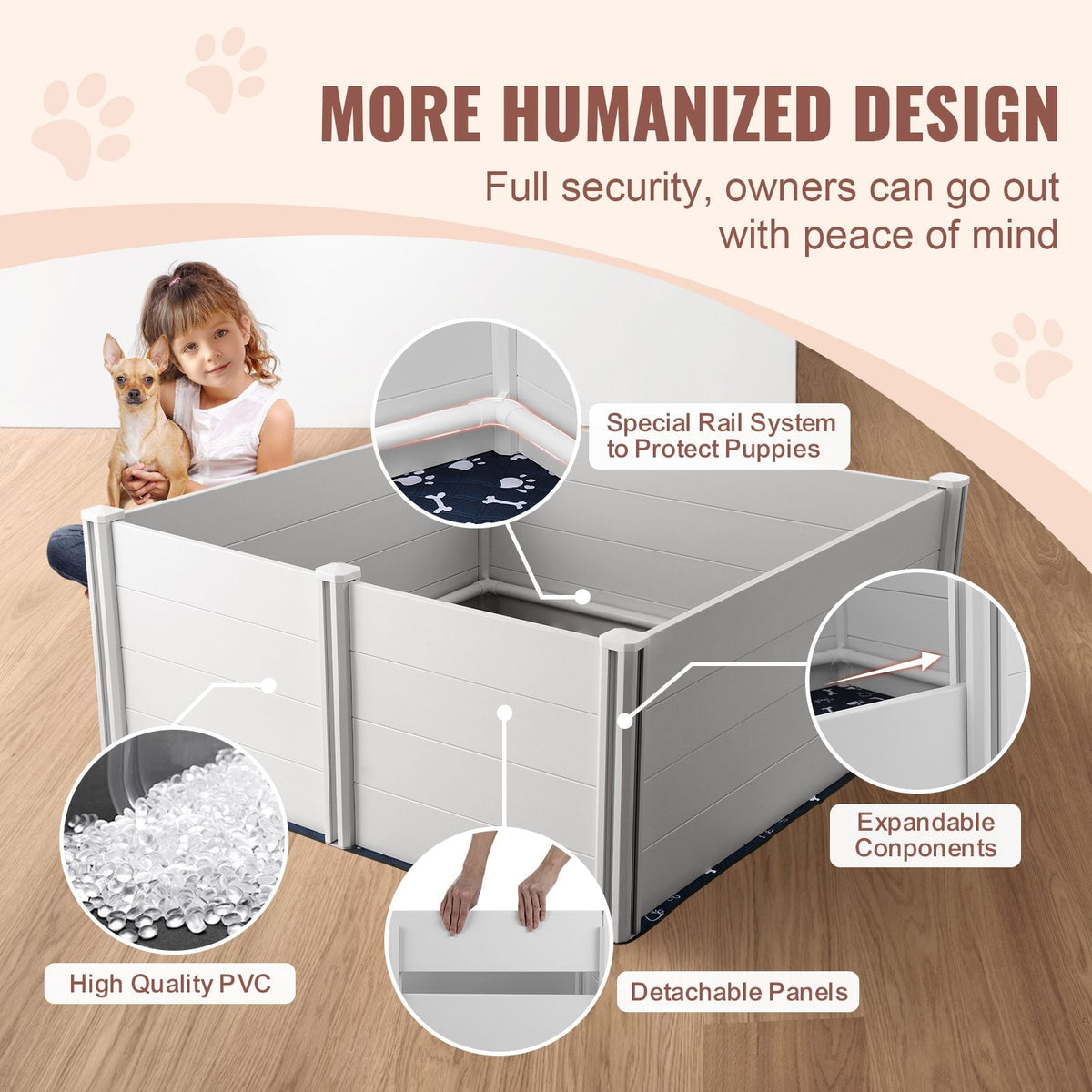 Dog Whelping Box, 59.8 x 59.8 x 24.0in Whelping Box for Dogs and Puppies, Whelping Pen for Puppies, Dog Birthing Box with Rails and Washable Pee Pad, Whelping Box for Large Breed Dogs, White