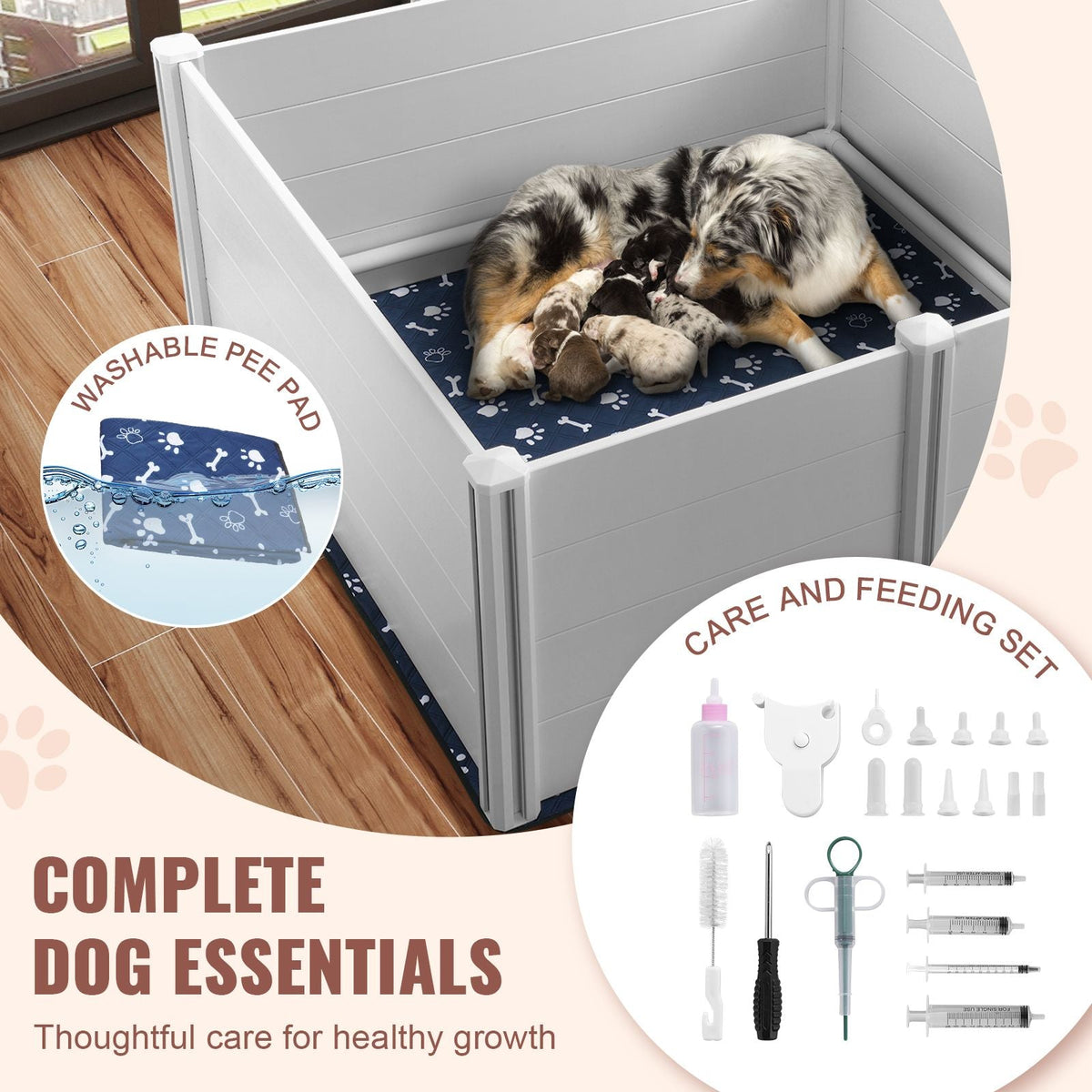 Dog Whelping Box, 59.8 x 59.8 x 24.0in Whelping Box for Dogs and Puppies, Whelping Pen for Puppies, Dog Birthing Box with Rails and Washable Pee Pad, Whelping Box for Large Breed Dogs, White