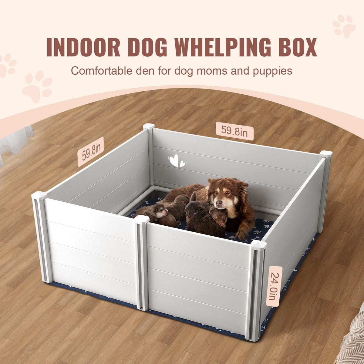 Dog Whelping Box, 59.8 x 59.8 x 24.0in Whelping Box for Dogs and Puppies, Whelping Pen for Puppies, Dog Birthing Box with Rails and Washable Pee Pad, Whelping Box for Large Breed Dogs, White
