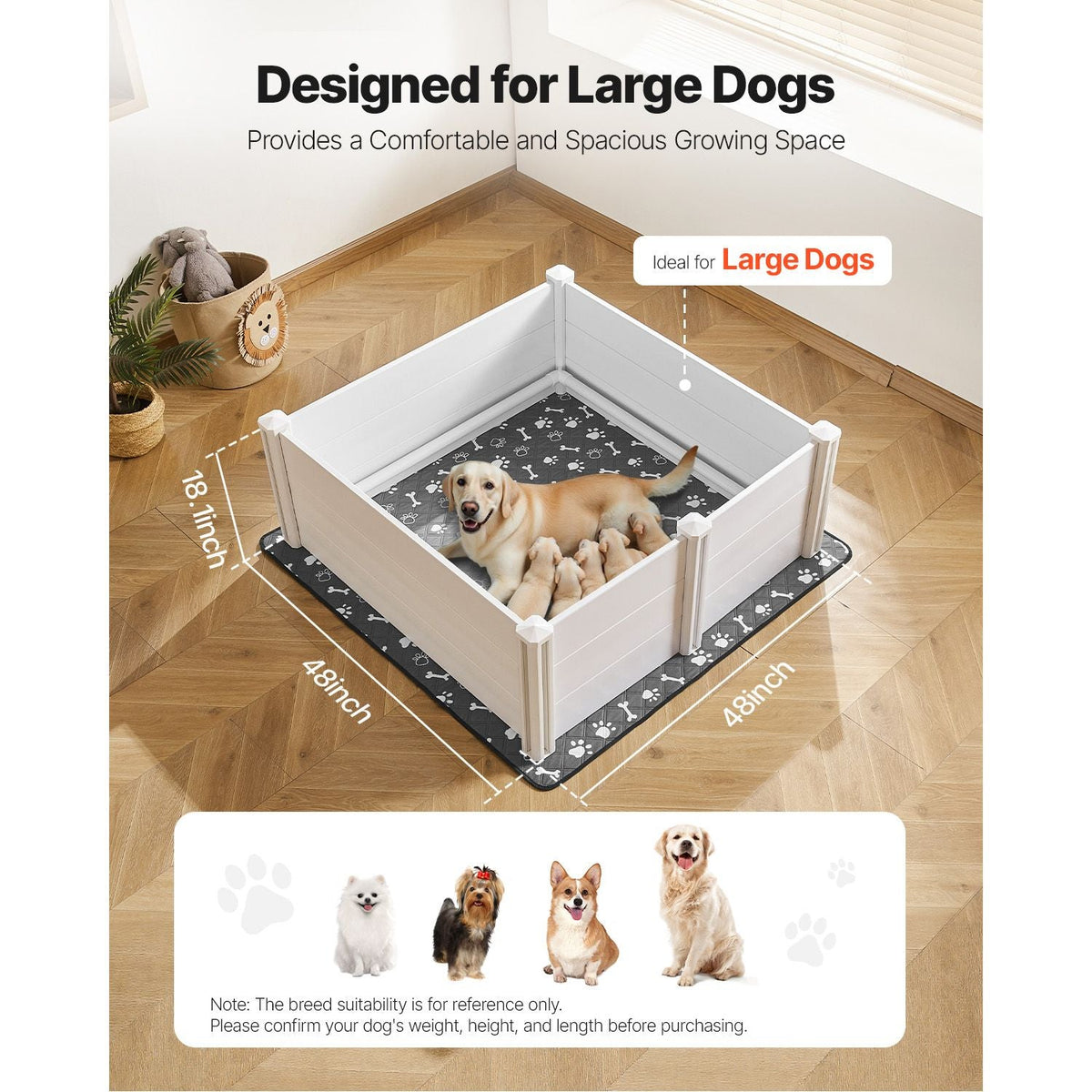 Dogs Whelping Box, 48 x 48 x 18.1 inch, Plastic PVC Puppies Playpen with Height Adjustable Door and Washable Pee Pad, Anti-Deformation Indoor Puppy Play Pen for Large Breed Dogs, Milk White