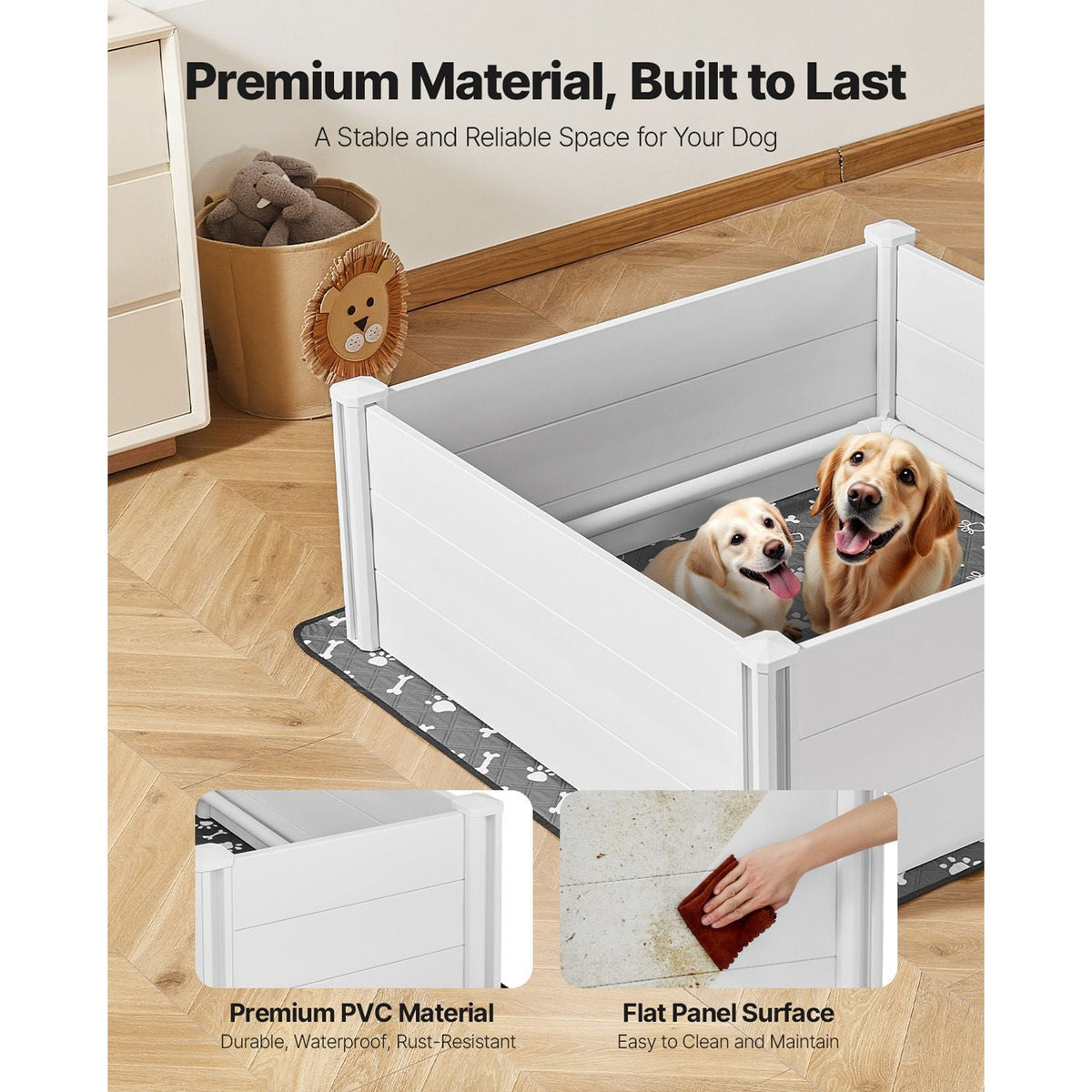 Dogs Whelping Box, 48 x 48 x 18.1 inch, Plastic PVC Puppies Playpen with Height Adjustable Door and Washable Pee Pad, Anti-Deformation Indoor Puppy Play Pen for Large Breed Dogs, Milk White