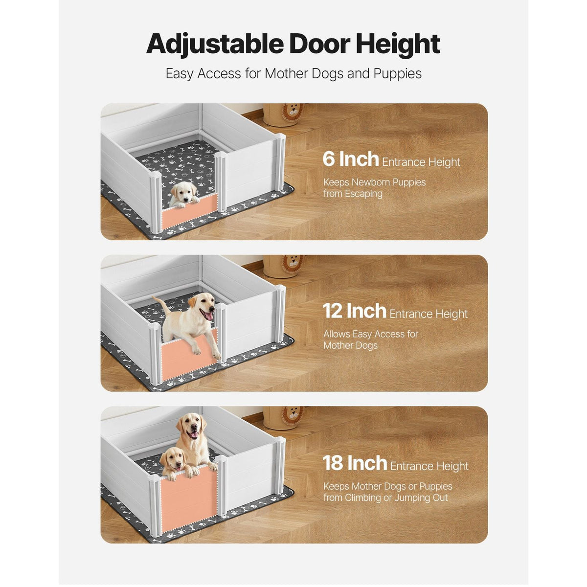 Dogs Whelping Box, 48 x 48 x 18.1 inch, Plastic PVC Puppies Playpen with Height Adjustable Door and Washable Pee Pad, Anti-Deformation Indoor Puppy Play Pen for Large Breed Dogs, Milk White