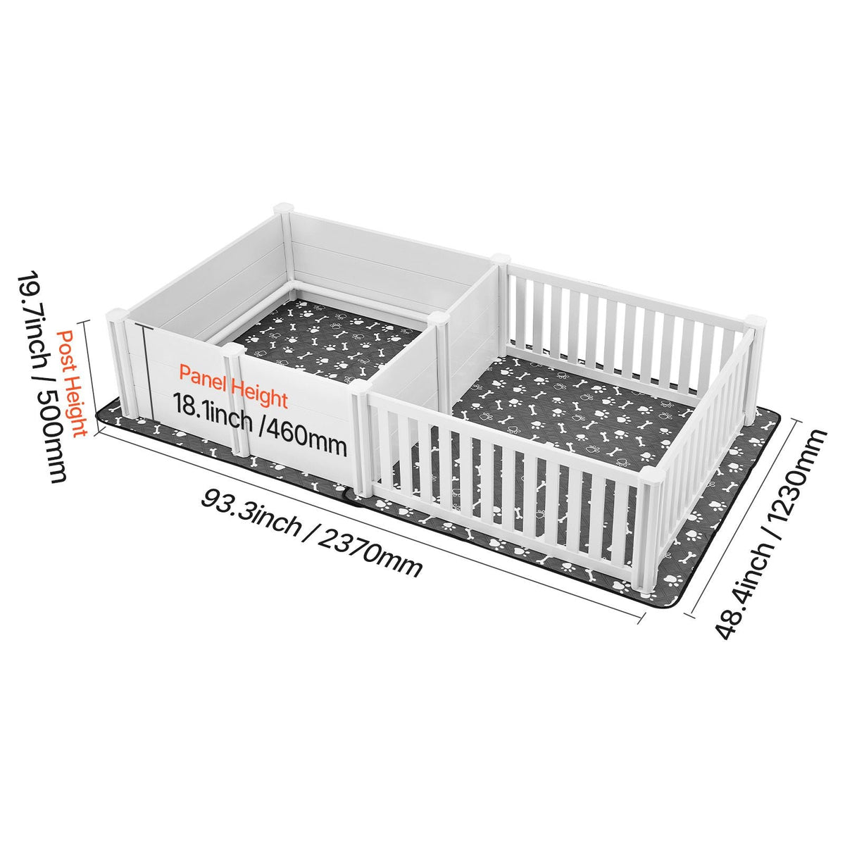 Dogs Whelping Box, 93.3x48.4x18.1 inch, Plastic PVC Puppies Playpen with Height Adjustable Door and Washable Pee Pad, 2-Room Layout Indoor Puppy Play Pen for Extra Large Breed Dogs, Milk White