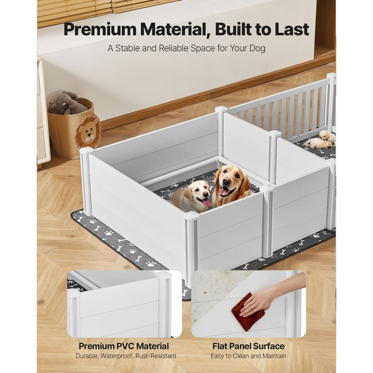 Dogs Whelping Box, 93.3x48.4x18.1 inch, Plastic PVC Puppies Playpen with Height Adjustable Door and Washable Pee Pad, 2-Room Layout Indoor Puppy Play Pen for Extra Large Breed Dogs, Milk White