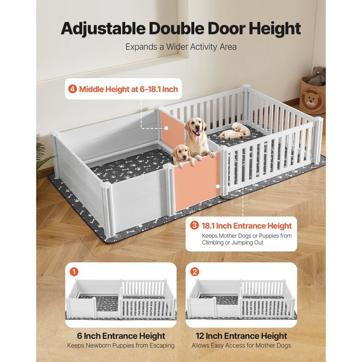 Dogs Whelping Box, 93.3x48.4x18.1 inch, Plastic PVC Puppies Playpen with Height Adjustable Door and Washable Pee Pad, 2-Room Layout Indoor Puppy Play Pen for Extra Large Breed Dogs, Milk White