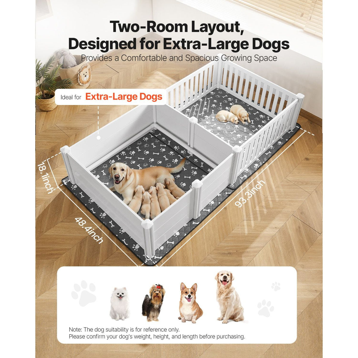 Dogs Whelping Box, 93.3x48.4x18.1 inch, Plastic PVC Puppies Playpen with Height Adjustable Door and Washable Pee Pad, 2-Room Layout Indoor Puppy Play Pen for Extra Large Breed Dogs, Milk White