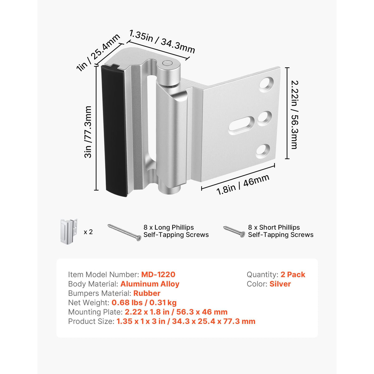 Door Reinforcement Lock, 2 Pack Home Security Door Lock, with 3 Inch Stop Withstand 800 lbs of Force, with 8 Screws, for Inward-Opening, Aluminum Alloy, Add Extra High Security to Your Home