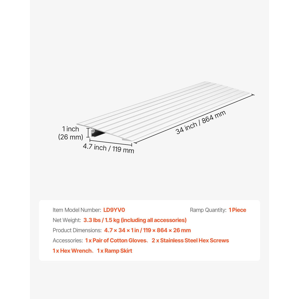 Door Threshold Ramp, 1 inch Rise, Aluminum Alloy Threshold Ramp Rated 800 lbs Load Capacity, Handicap Ramps for Home Steps for Wheelchair, Scooters, Power Chairs, Walkers, Bicycle, Tricycle