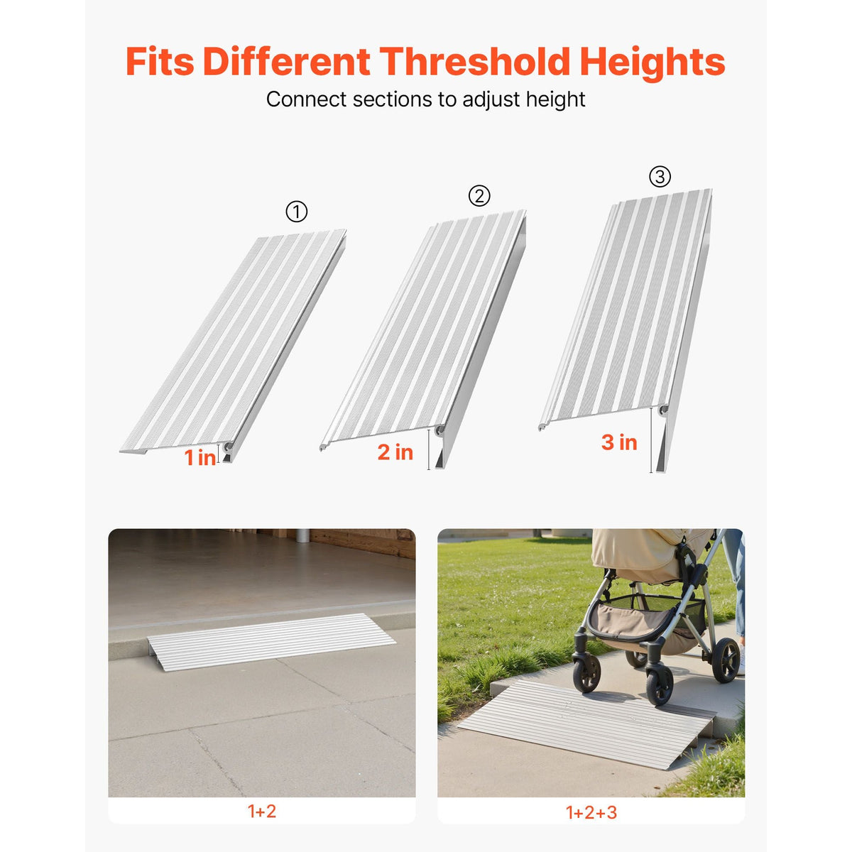 Door Threshold Ramp, 3 inch Rise, Aluminum Alloy Threshold Ramp Rated 800 lbs Load Capacity, Handicap Ramps for Home Steps for Wheelchair, Scooters, Power Chairs, Walkers, Bicycle, Tricycle