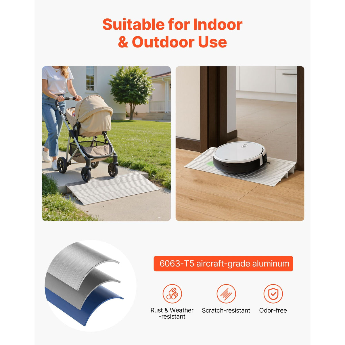 Door Threshold Ramp, 3 inch Rise, Aluminum Alloy Threshold Ramp Rated 800 lbs Load Capacity, Handicap Ramps for Home Steps for Wheelchair, Scooters, Power Chairs, Walkers, Bicycle, Tricycle