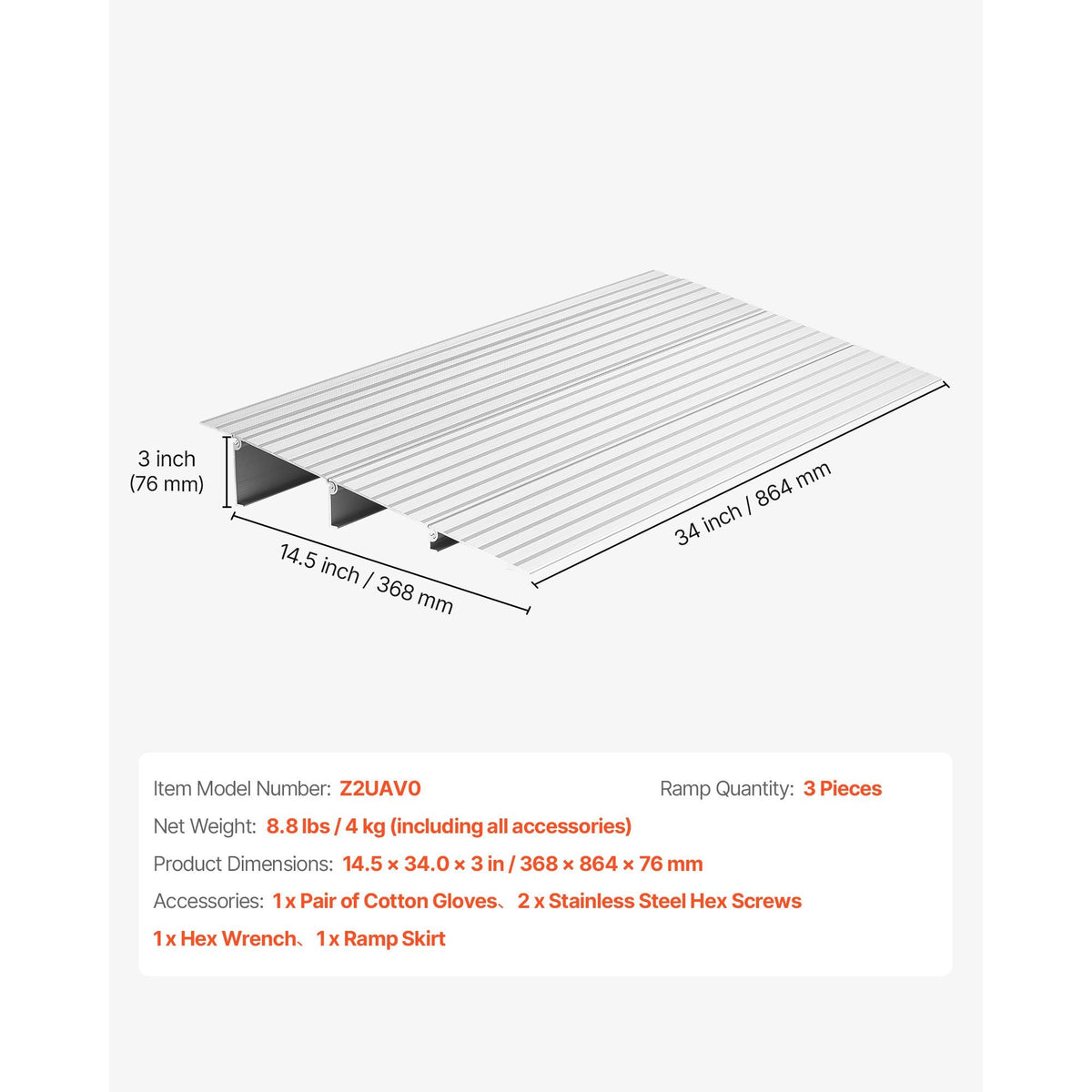 Door Threshold Ramp, 3 inch Rise, Aluminum Alloy Threshold Ramp Rated 800 lbs Load Capacity, Handicap Ramps for Home Steps for Wheelchair, Scooters, Power Chairs, Walkers, Bicycle, Tricycle