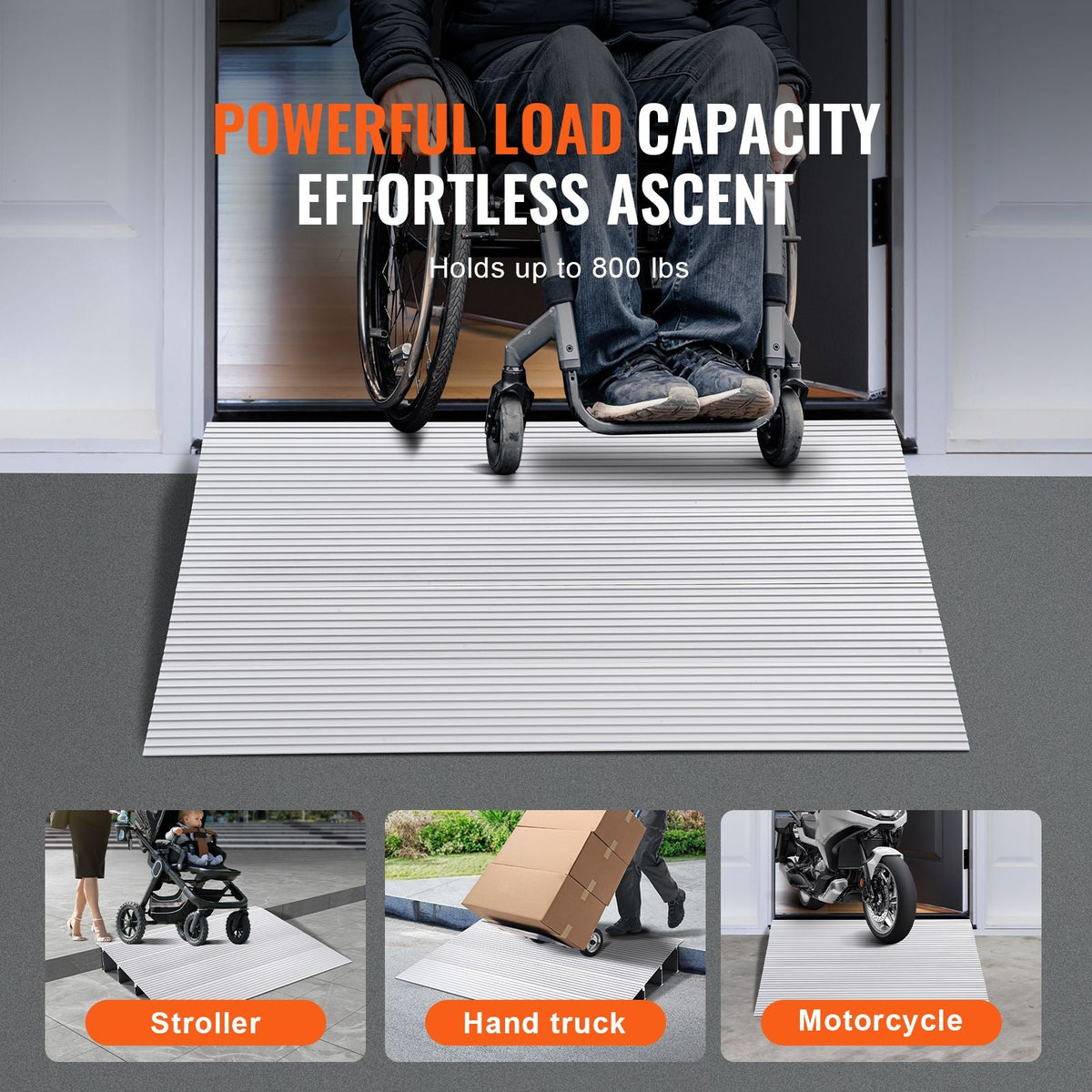 Door Threshold Ramp, 4" Rise, 800 lbs Load Capacity, Door Ramp for Wheelchairs, Aluminum Threshold Ramp for Doorways, Adjustable Modular Threshold Ramp for Wheelchairs, Scooters, Power Chairs