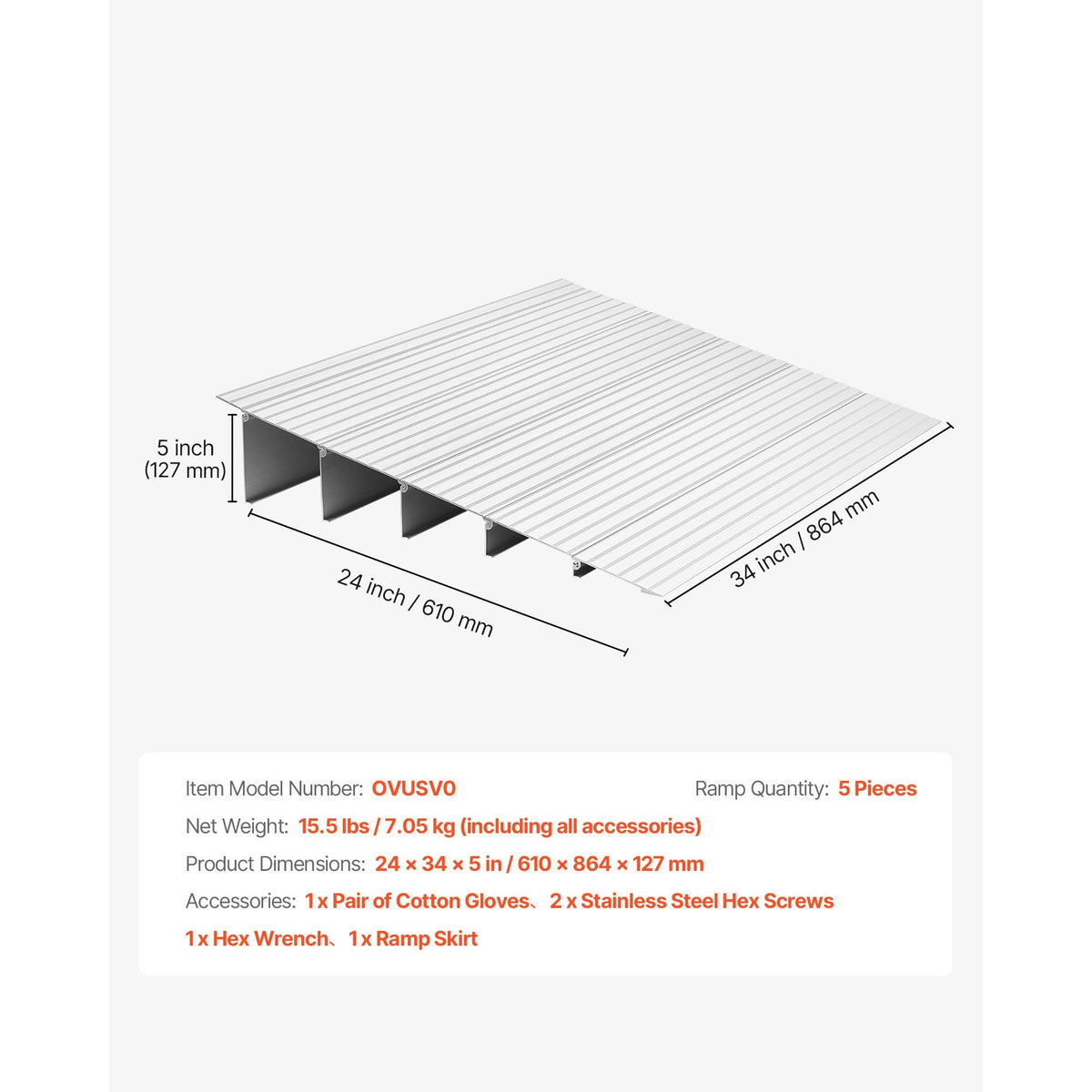 Door Threshold Ramp, 5 inch Rise, Aluminum Alloy Threshold Ramp Rated 800 lbs Load Capacity, Handicap Ramps for Home Steps for Wheelchair, Scooters, Power Chairs, Walkers, Bicycle, Tricycle