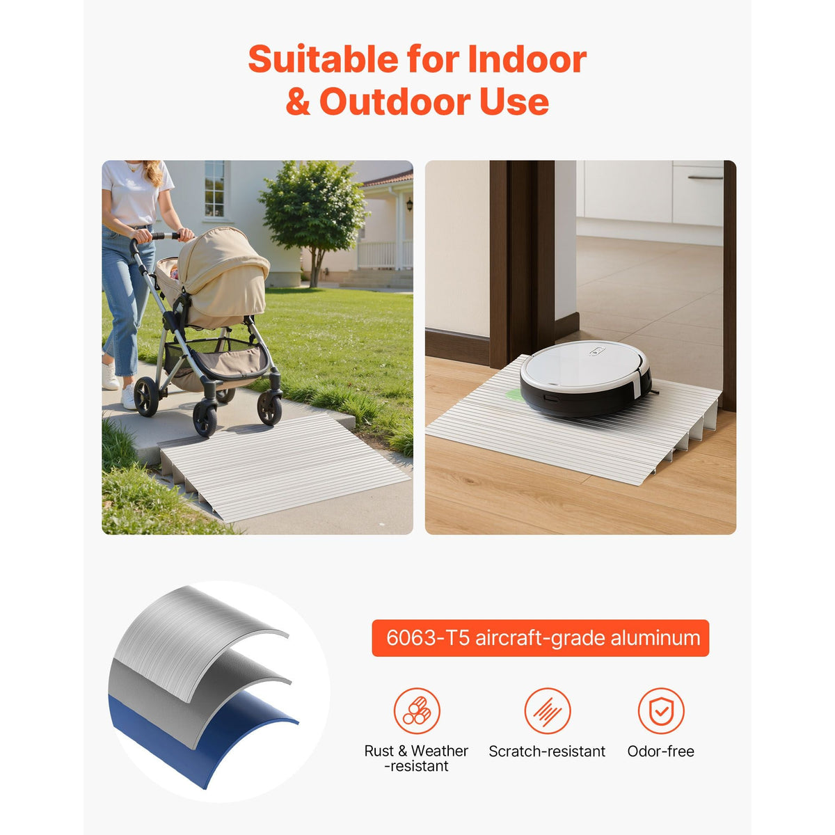 Door Threshold Ramp, 5 inch Rise, Aluminum Alloy Threshold Ramp Rated 800 lbs Load Capacity, Handicap Ramps for Home Steps for Wheelchair, Scooters, Power Chairs, Walkers, Bicycle, Tricycle