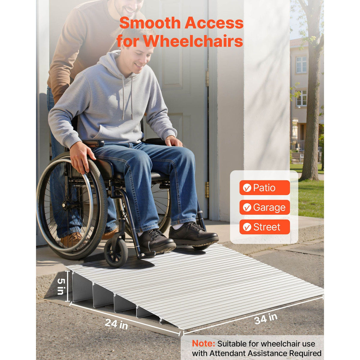 Door Threshold Ramp, 5 inch Rise, Aluminum Alloy Threshold Ramp Rated 800 lbs Load Capacity, Handicap Ramps for Home Steps for Wheelchair, Scooters, Power Chairs, Walkers, Bicycle, Tricycle