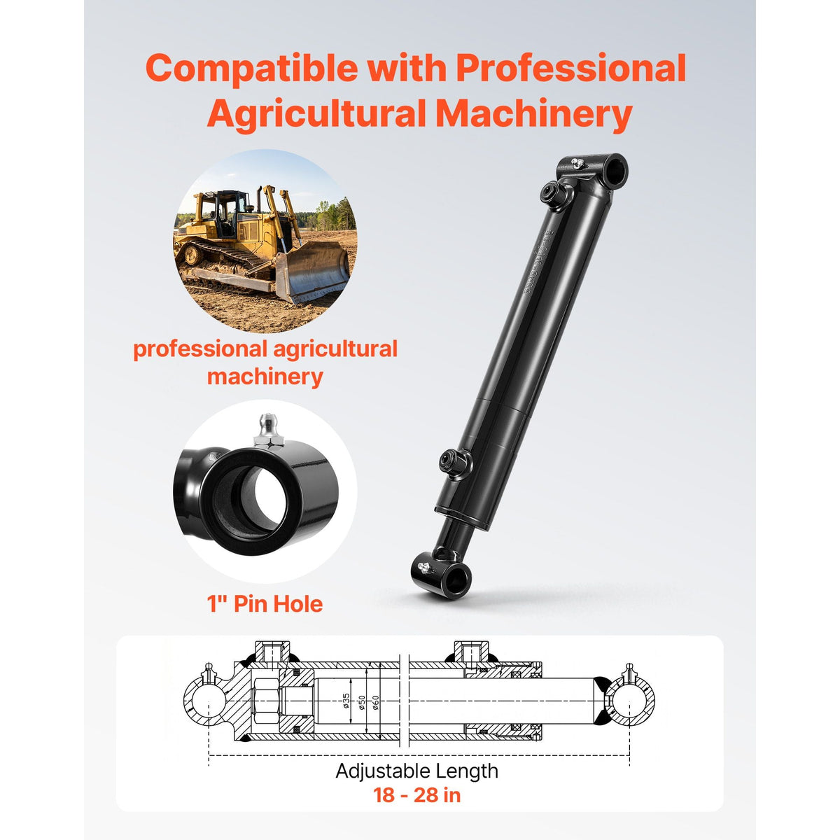 Double Acting Hydraulic Cylinder, 2" Bore x 10" Stroke, Max 3500PSI Hydraulic Cylinder, Heavy-Duty Welded Cross Tube Cylinders with 1" Pin Hole & SAE #6 Port for Agricultural Machinery, Tractors