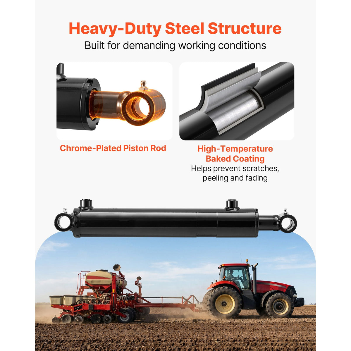 Double Acting Hydraulic Cylinder, 2" Bore x 10" Stroke, Max 3500PSI Hydraulic Cylinder, Heavy-Duty Welded Cross Tube Cylinders with 1" Pin Hole & SAE #6 Port for Agricultural Machinery, Tractors