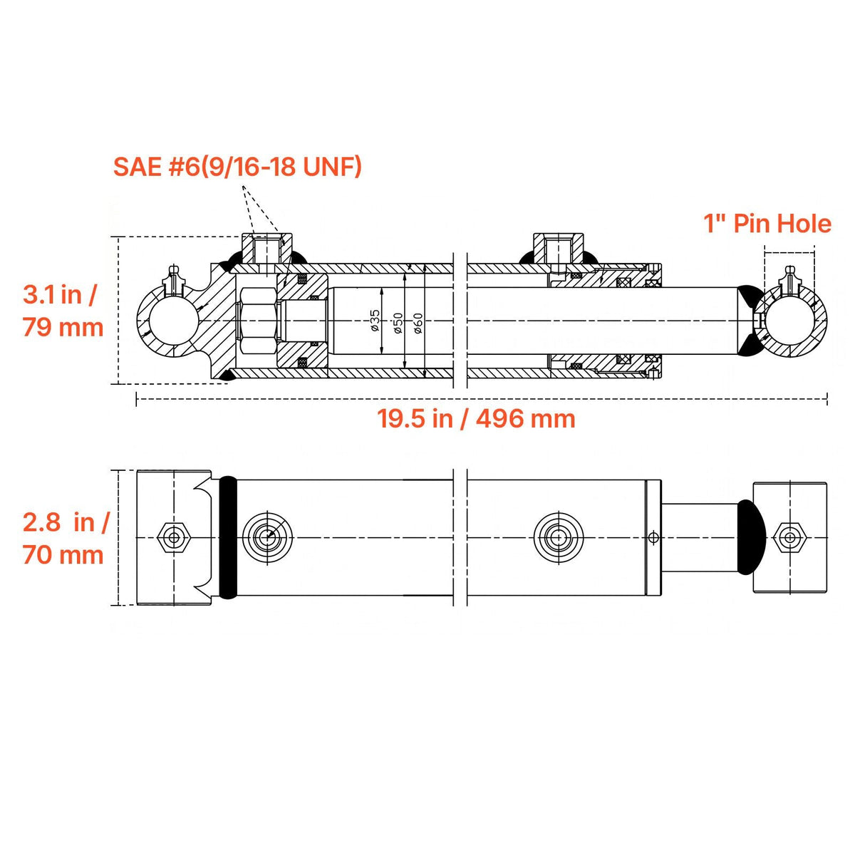 Double Acting Hydraulic Cylinder, 2" Bore x 10" Stroke, Max 3500PSI Hydraulic Cylinder, Heavy-Duty Welded Cross Tube Cylinders with 1" Pin Hole & SAE #6 Port for Agricultural Machinery, Tractors