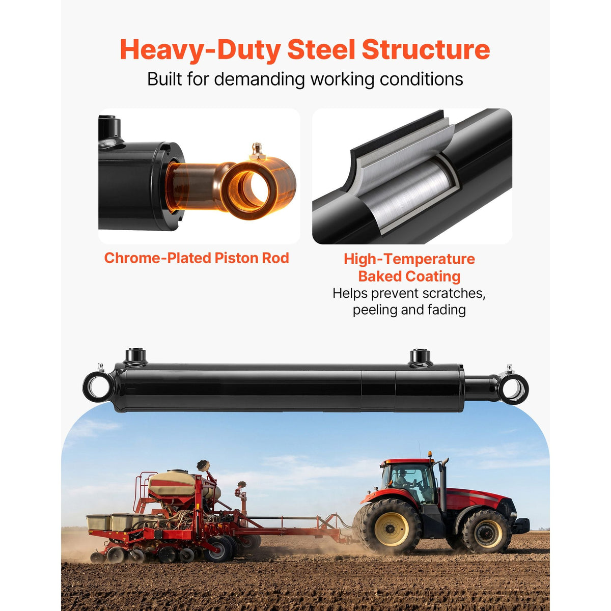Double Acting Hydraulic Cylinder, 2" Bore x 12" Stroke, Max 3500PSI Hydraulic Cylinder, Heavy-Duty Welded Cross Tube Cylinders with 1" Pin Hole & SAE #6 Port for Agricultural Machinery, Tractors