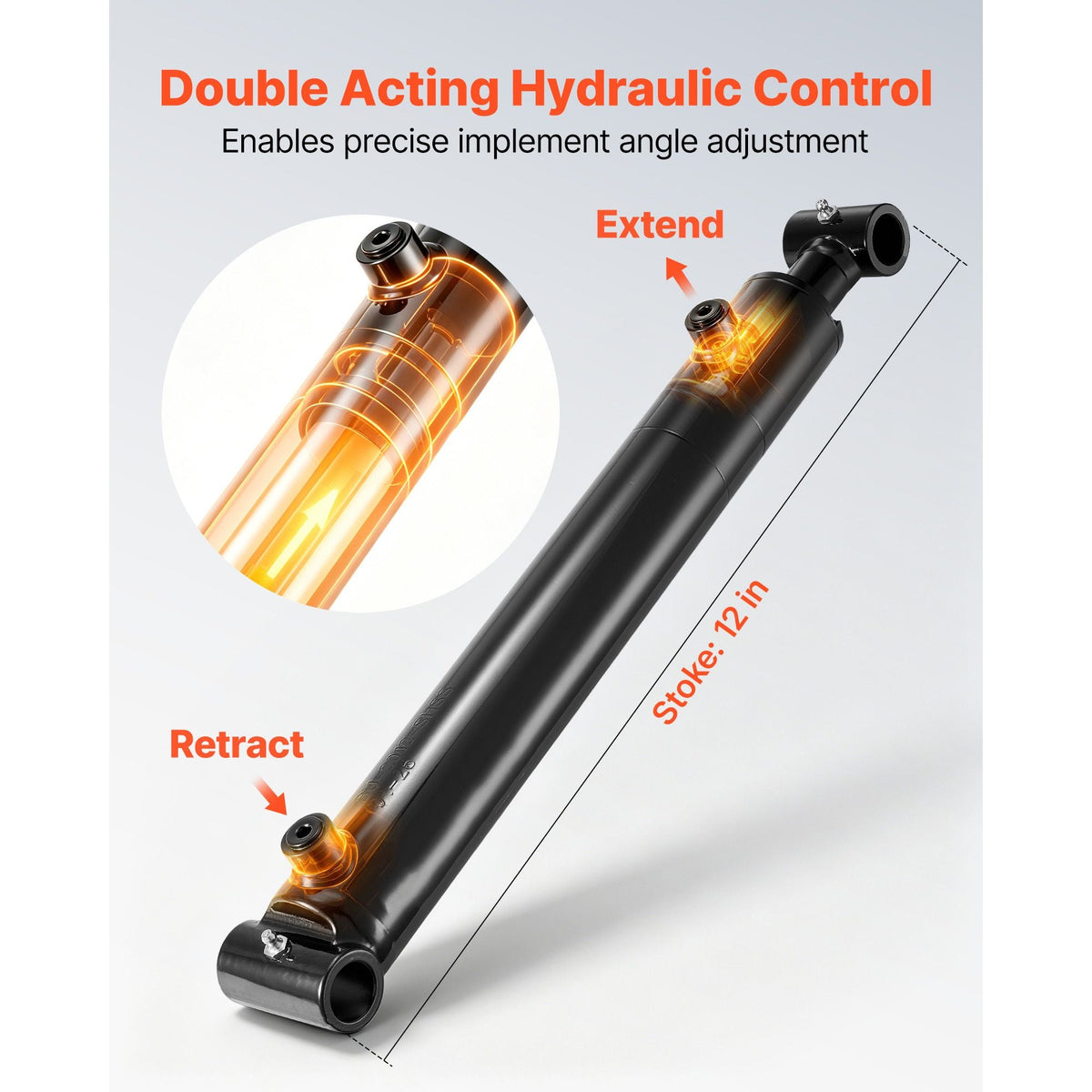 Double Acting Hydraulic Cylinder, 2" Bore x 12" Stroke, Max 3500PSI Hydraulic Cylinder, Heavy-Duty Welded Cross Tube Cylinders with 1" Pin Hole & SAE #6 Port for Agricultural Machinery, Tractors