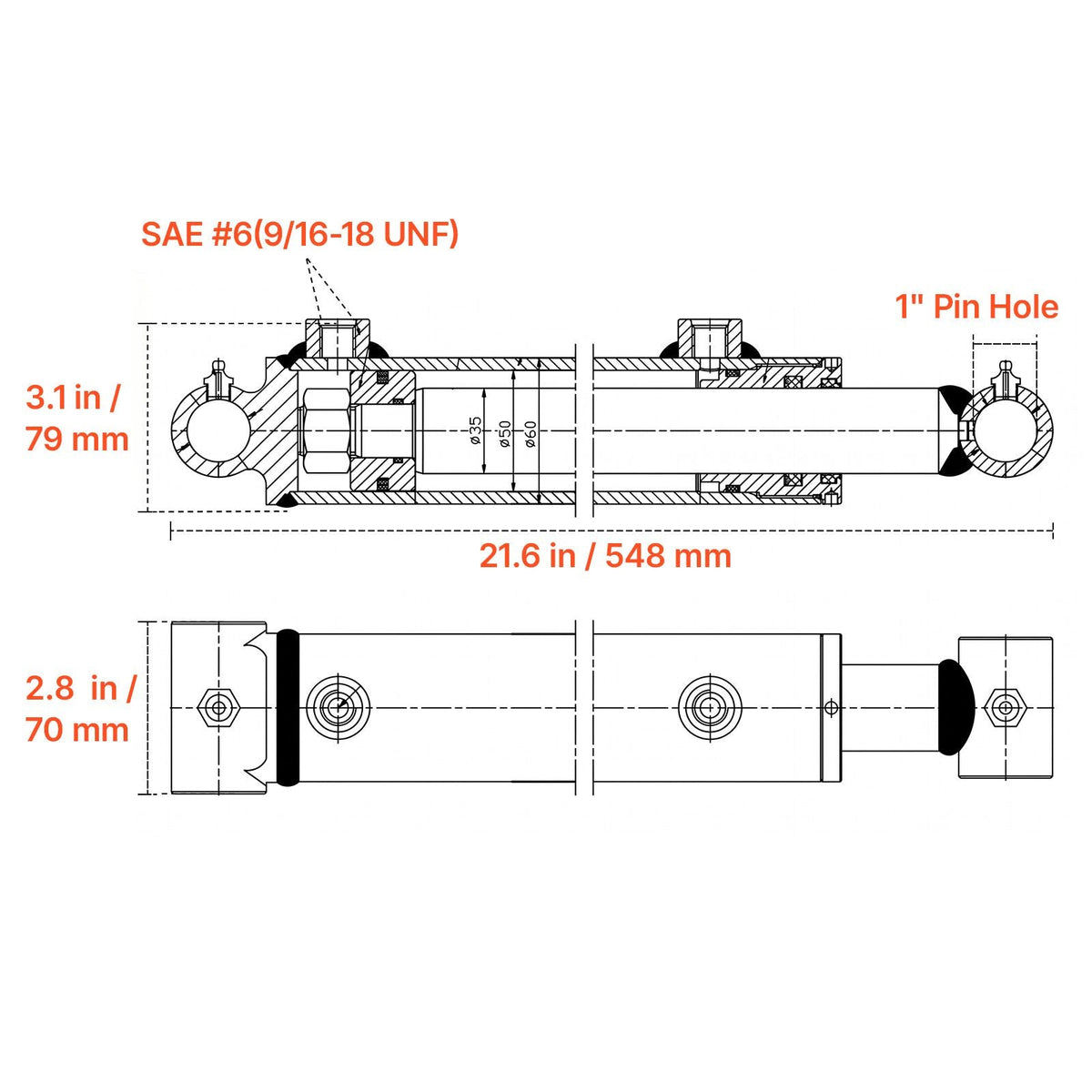 Double Acting Hydraulic Cylinder, 2" Bore x 12" Stroke, Max 3500PSI Hydraulic Cylinder, Heavy-Duty Welded Cross Tube Cylinders with 1" Pin Hole & SAE #6 Port for Agricultural Machinery, Tractors