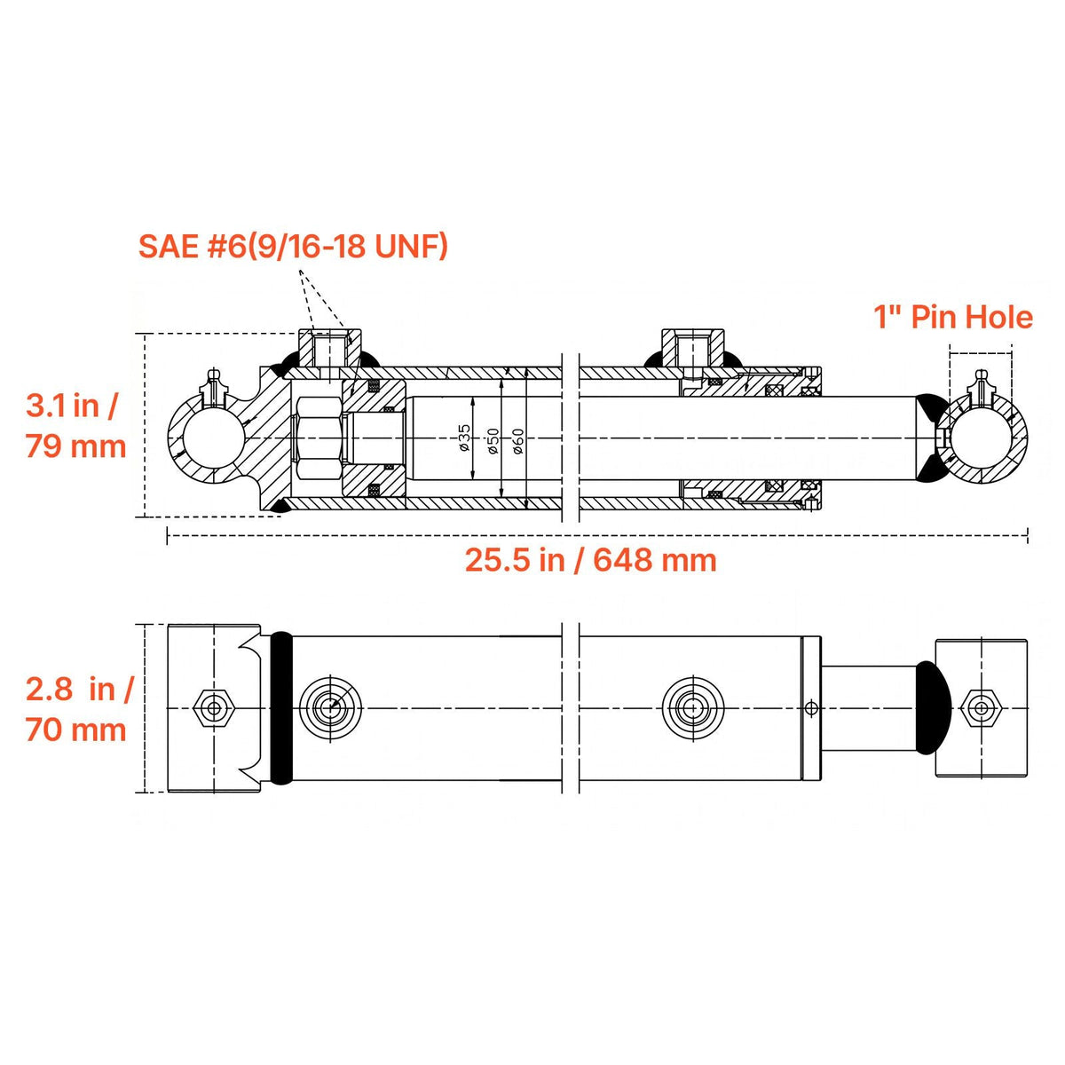 Double Acting Hydraulic Cylinder, 2" Bore x 16" Stroke, Max 3500PSI Hydraulic Cylinder, Heavy-Duty Welded Cross Tube Cylinders with 1" Pin Hole & SAE #6 Port for Agricultural Machinery, Tractors