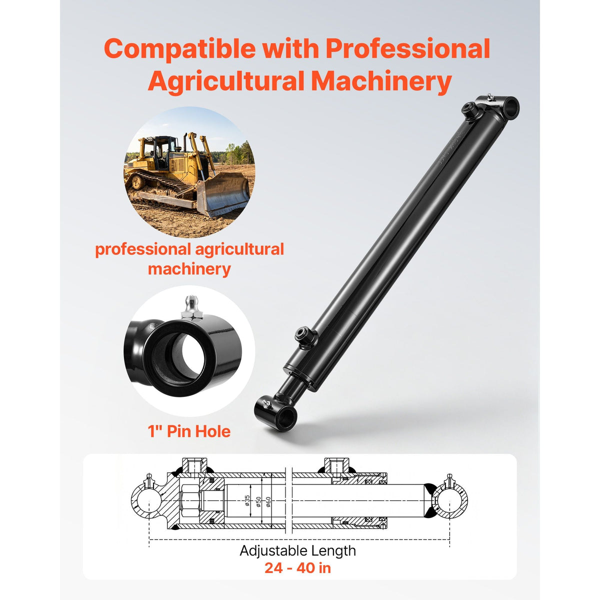Double Acting Hydraulic Cylinder, 2" Bore x 16" Stroke, Max 3500PSI Hydraulic Cylinder, Heavy-Duty Welded Cross Tube Cylinders with 1" Pin Hole & SAE #6 Port for Agricultural Machinery, Tractors
