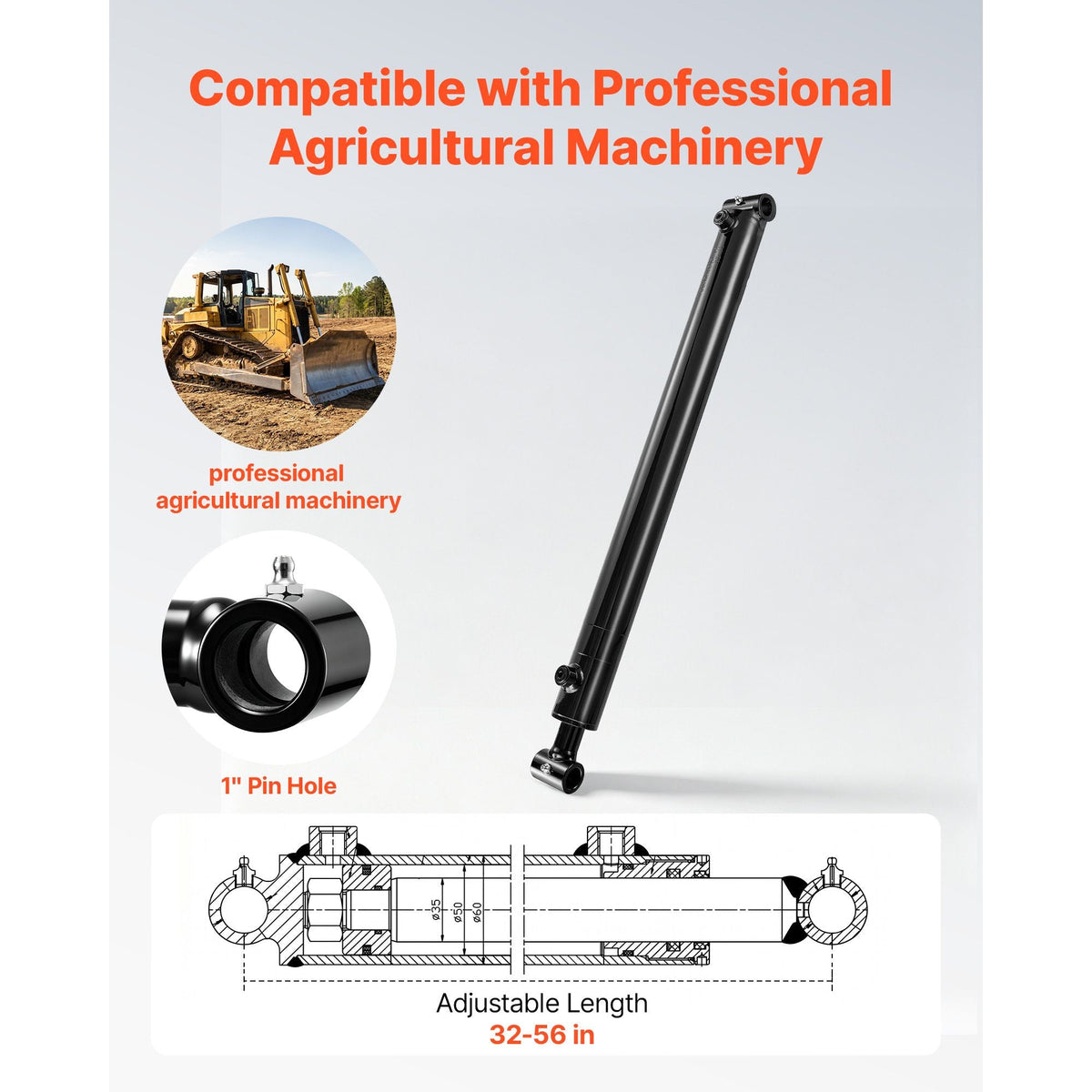 Double Acting Hydraulic Cylinder, 2" Bore x 24" Stroke, Max 3500PSI Hydraulic Cylinder, Heavy-Duty Welded Cross Tube Cylinders with 1" Pin Hole & SAE #6 Port for Agricultural Machinery, Tractors