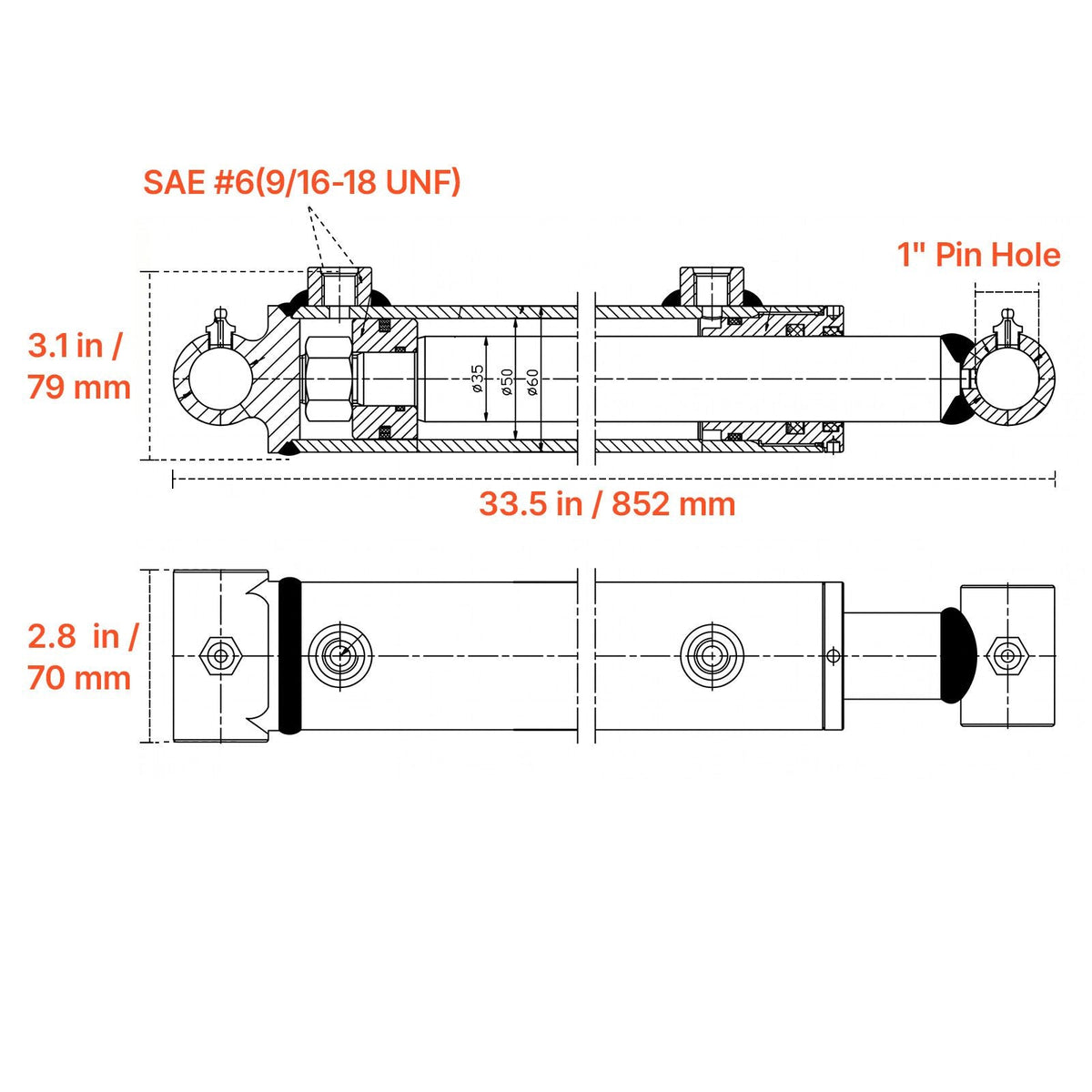 Double Acting Hydraulic Cylinder, 2" Bore x 24" Stroke, Max 3500PSI Hydraulic Cylinder, Heavy-Duty Welded Cross Tube Cylinders with 1" Pin Hole & SAE #6 Port for Agricultural Machinery, Tractors
