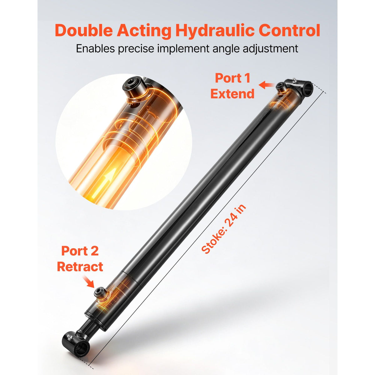 Double Acting Hydraulic Cylinder, 2" Bore x 24" Stroke, Max 3500PSI Hydraulic Cylinder, Heavy-Duty Welded Cross Tube Cylinders with 1" Pin Hole & SAE #6 Port for Agricultural Machinery, Tractors
