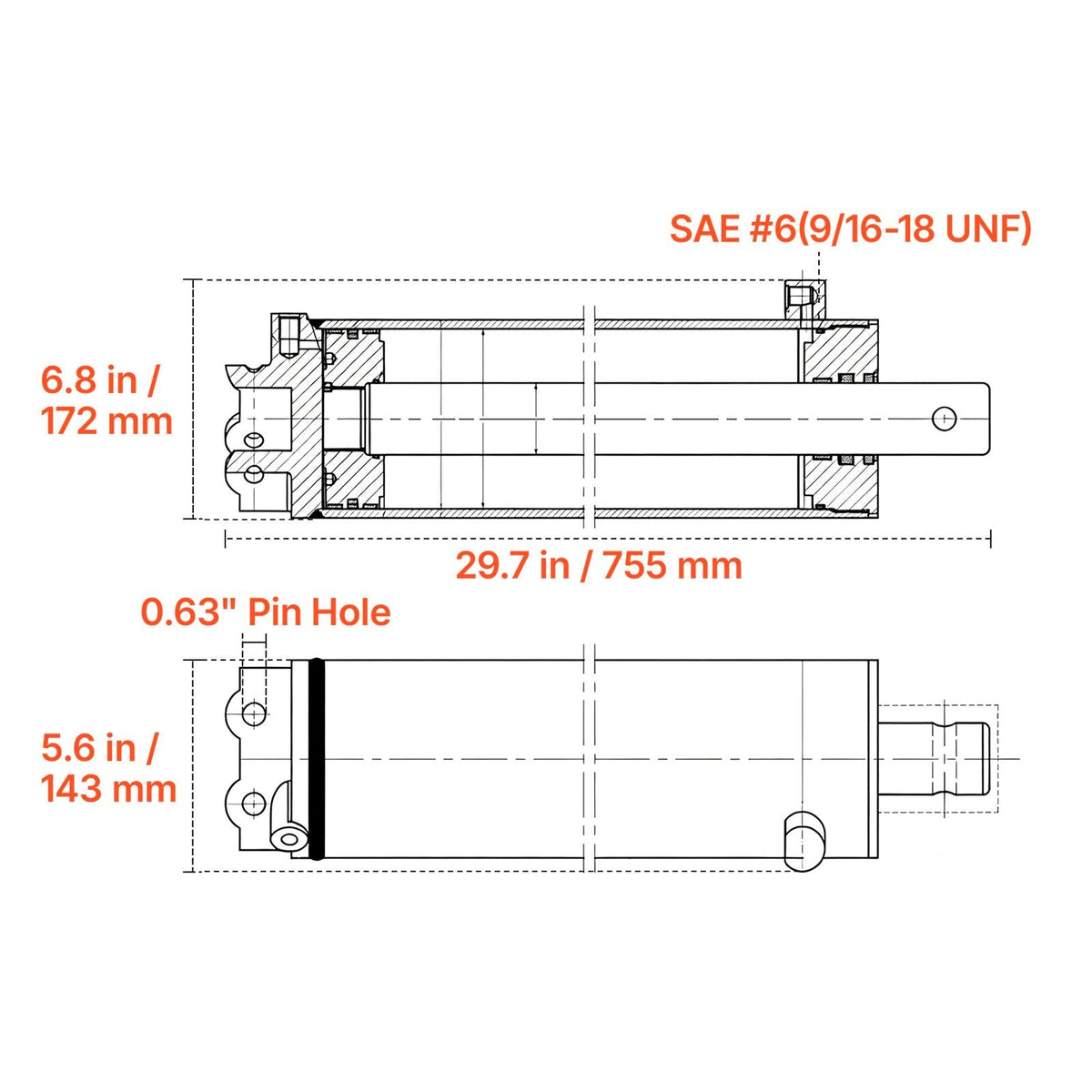 Double Acting Hydraulic Cylinder, 5" Bore x 20" Stroke, Max 4500PSI Hydraulic Cylinder, Heavy-Duty Welded Cross Tube Cylinders with 0.63" Pin Hole & SAE #6 Port for Agricultural Machinery, Tractors