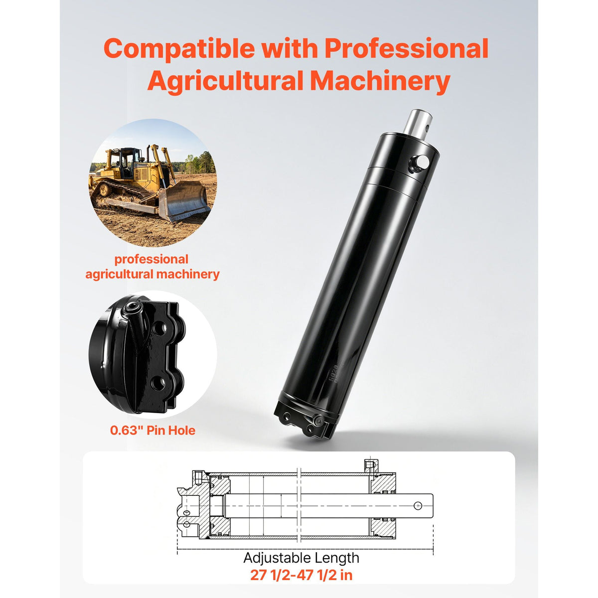 Double Acting Hydraulic Cylinder, 5" Bore x 20" Stroke, Max 4500PSI Hydraulic Cylinder, Heavy-Duty Welded Cross Tube Cylinders with 0.63" Pin Hole & SAE #6 Port for Agricultural Machinery, Tractors