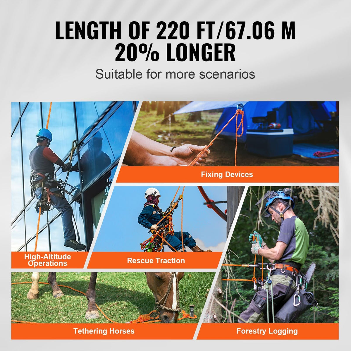 Double Braided Polyester Rope, 3/4 in x 220 ft, 24 Strands, 12700 LBS Breaking Strength Outdoor Rope, Arborist Rigging Rope for Rock Hiking Camping Swing Rappelling Rescue, Orange/Black