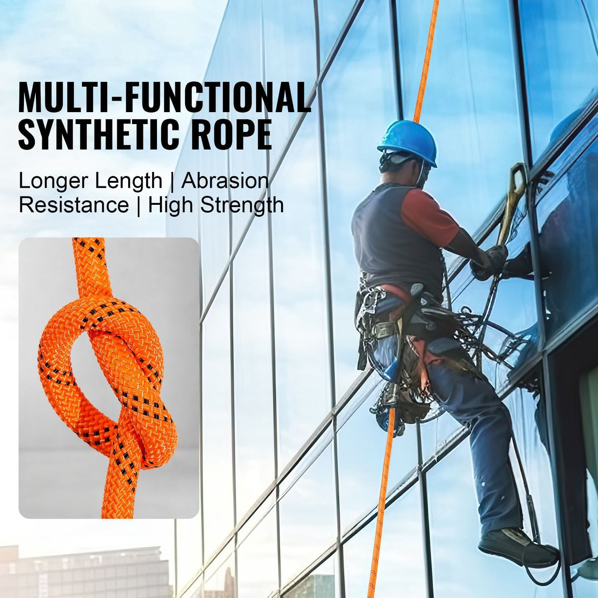 Double Braided Polyester Rope, 3/4 in x 220 ft, 24 Strands, 12700 LBS Breaking Strength Outdoor Rope, Arborist Rigging Rope for Rock Hiking Camping Swing Rappelling Rescue, Orange/Black