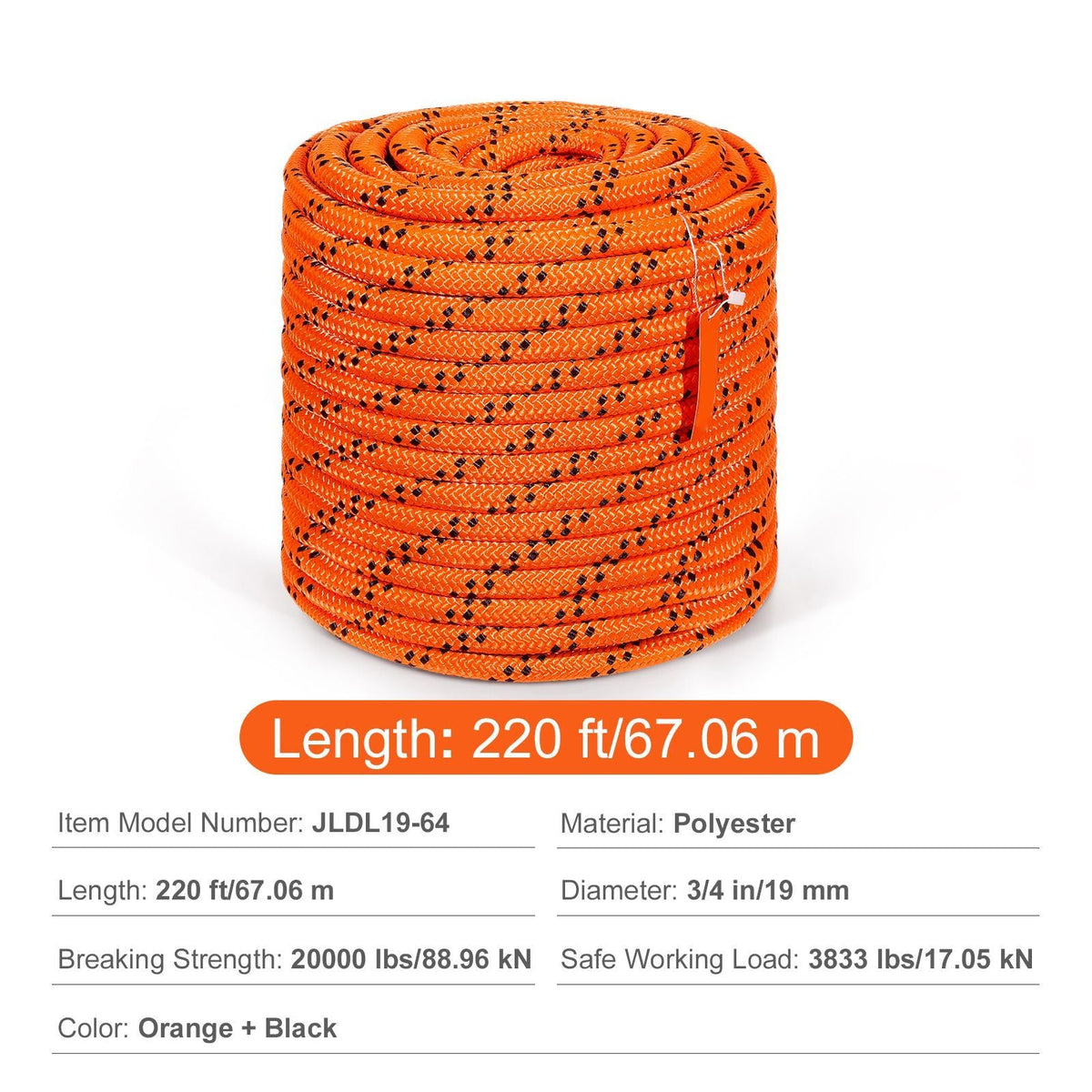 Double Braided Polyester Rope, 3/4 in x 220 ft, 24 Strands, 12700 LBS Breaking Strength Outdoor Rope, Arborist Rigging Rope for Rock Hiking Camping Swing Rappelling Rescue, Orange/Black