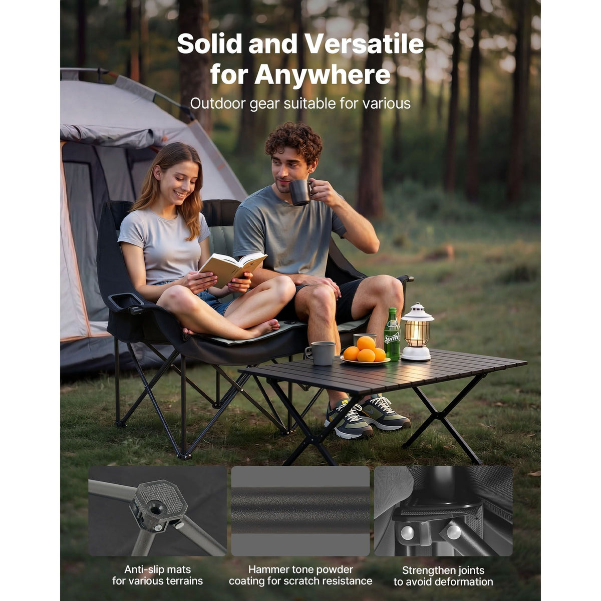 Double Camping Chair, Oversized Two Person Camp Chair with 660 lbs Heavy Duty Support, with Dual Cup Holders, Wine Glass Holders, Magazine Straps, Carry Bags for Outdoor, Beach, 1 Pack