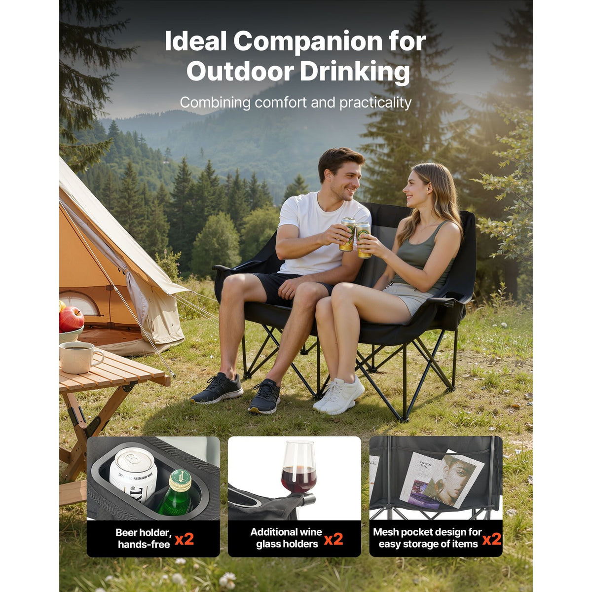 Double Camping Chair, Oversized Two Person Camp Chair with 660 lbs Heavy Duty Support, with Dual Cup Holders, Wine Glass Holders, Magazine Straps, Carry Bags for Outdoor, Beach, 1 Pack