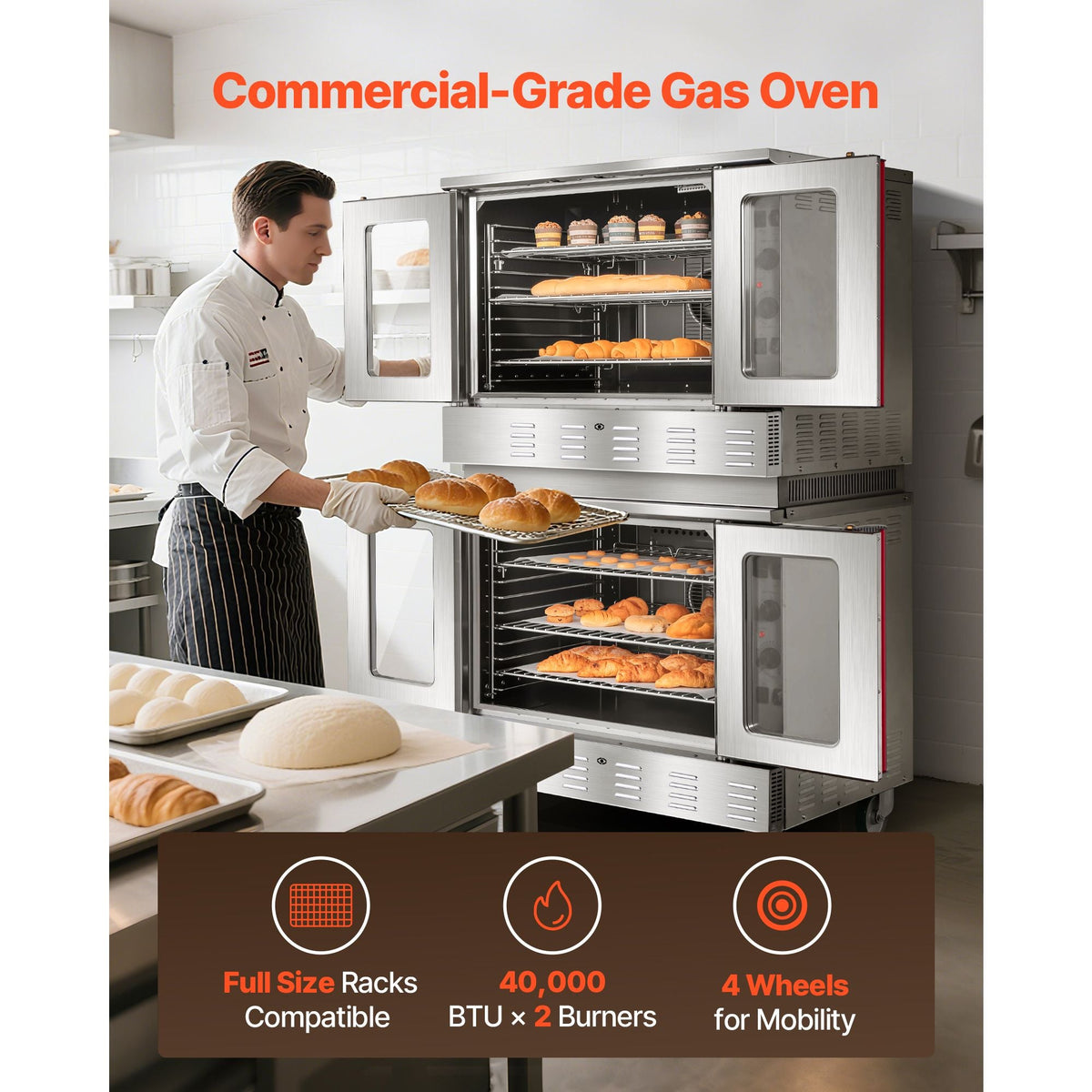 Double Deck Gas Convection Oven, 14 cu.ft Full-Size Commercial Convection Oven, 40,000 BTU x 2 Powerful Burners, Natural Gas Commercial Ovens with Two Fan Modes, for Bakery, Restaurant & Kitchen