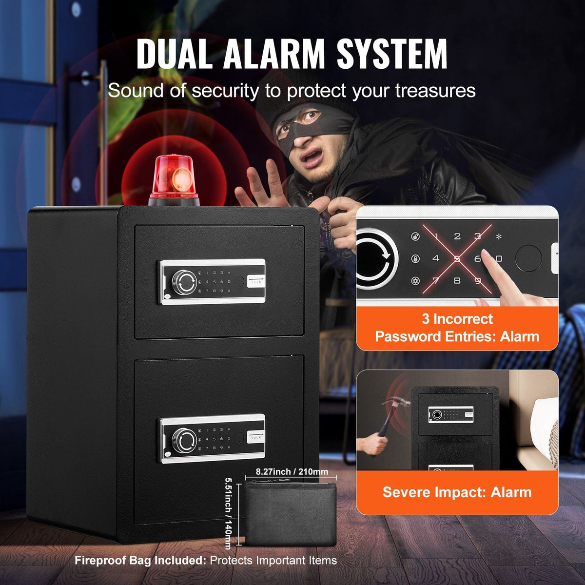 Double Doors 3.5 cu.ft Safe Box with Key Lock & Password, Safe Lock Box with Fireproof Bag, Key Rack, LED Light and 2 Height Adjustable and Removable Divider