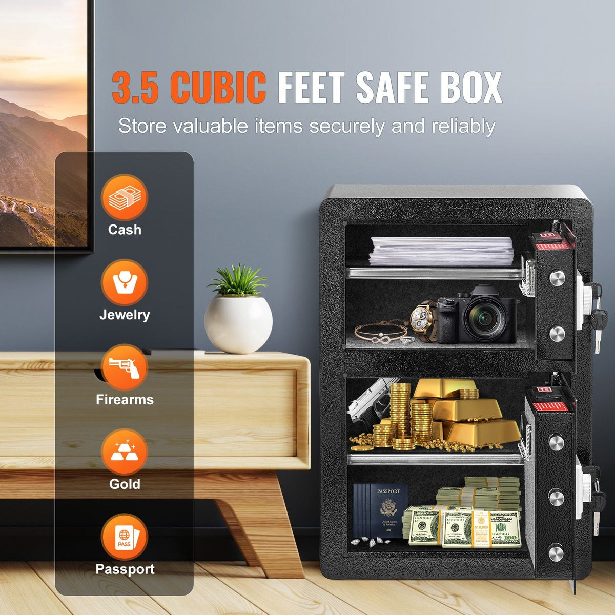 Double Doors 3.5 cu.ft Safe Box with Key Lock & Password, Safe Lock Box with Fireproof Bag, Key Rack, LED Light and 2 Height Adjustable and Removable Divider